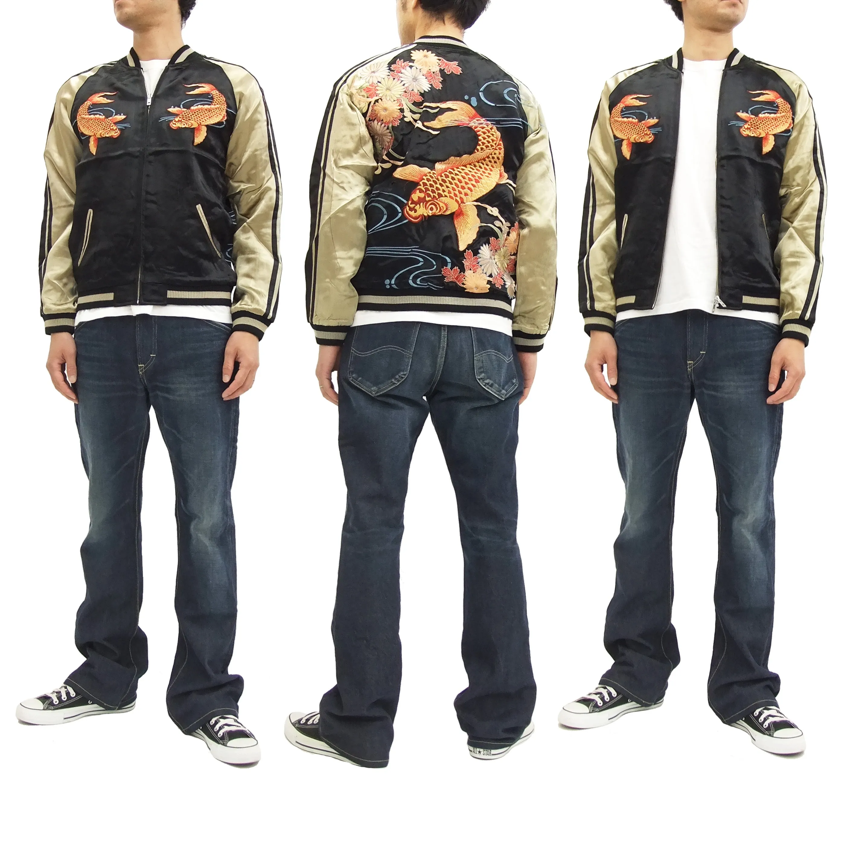 Hanatabi Gakudan Men's Japanese Souvenir Jacket Japanese Koi Fish Carp Sukajan Script SSJ-503