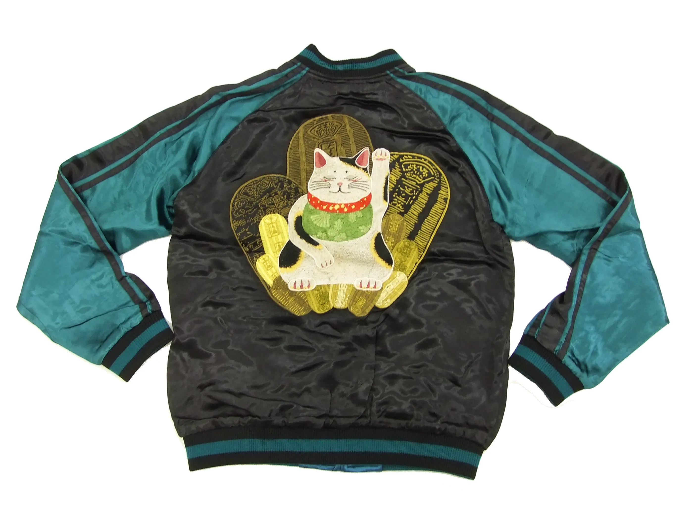 Hanatabi Gakudan Men's Japanese Souvenir Jacket Japanese lucky cat Sukajan Script SSJ-514