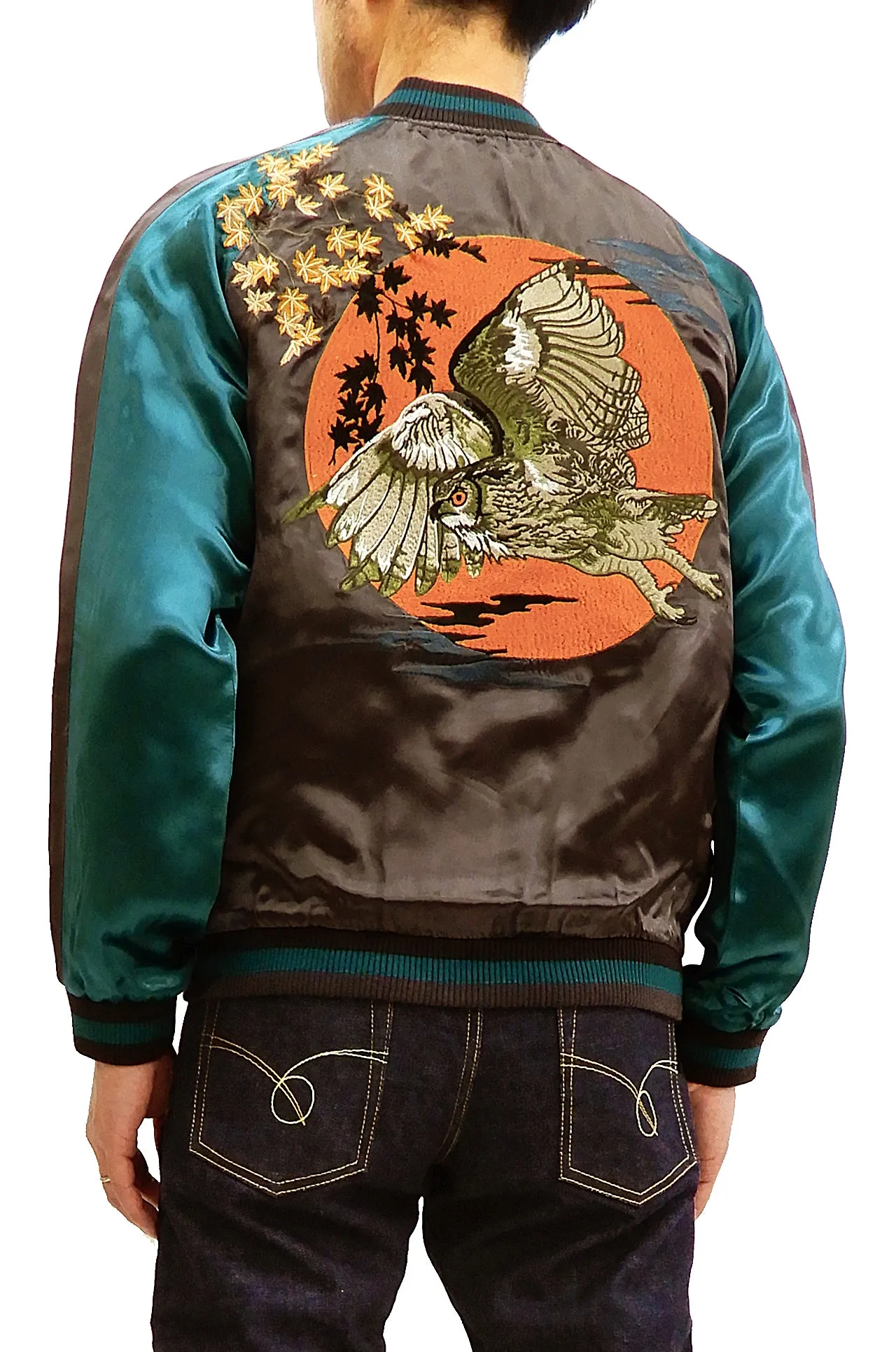 Hanatabi Gakudan Men's Japanese Souvenir Jacket Japanese Owl Art Sukajan Script SSJ-030