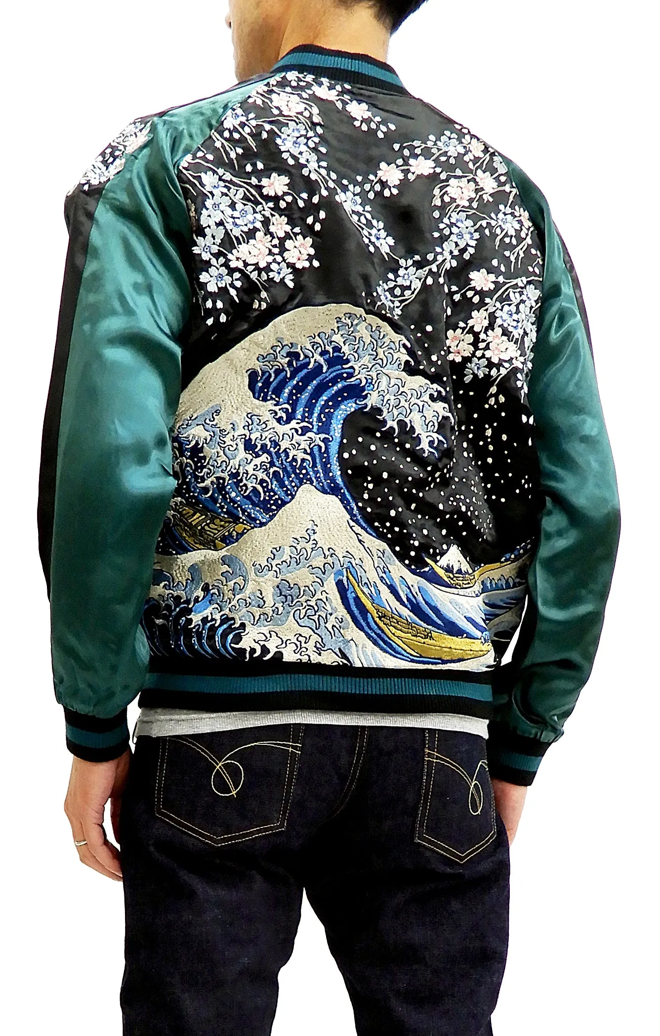 Hanatabi Gakudan Men's Japanese Souvenir Jacket Japanese Wave Art Sukajan Script SSJ-025