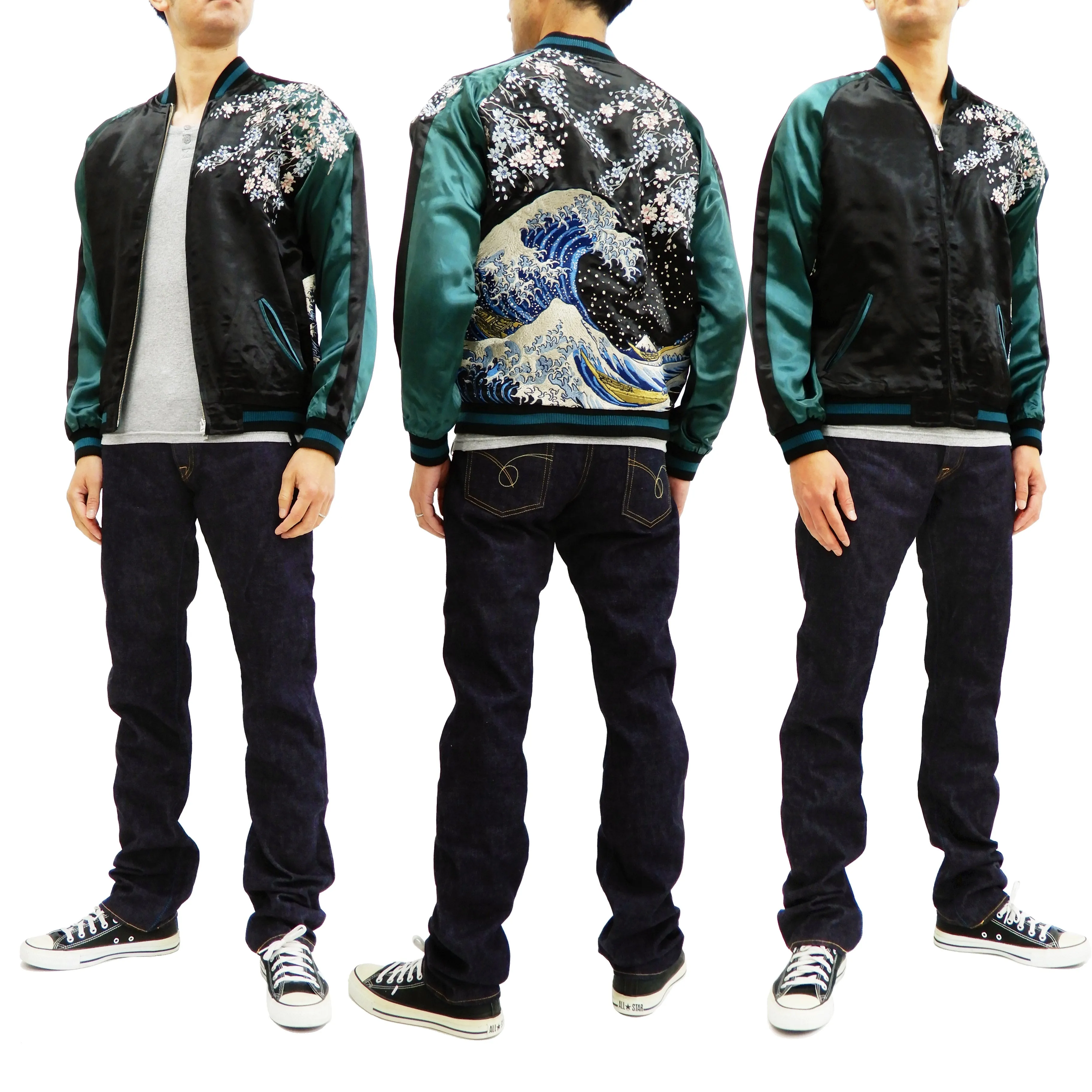 Hanatabi Gakudan Men's Japanese Souvenir Jacket Japanese Wave Art Sukajan Script SSJ-025