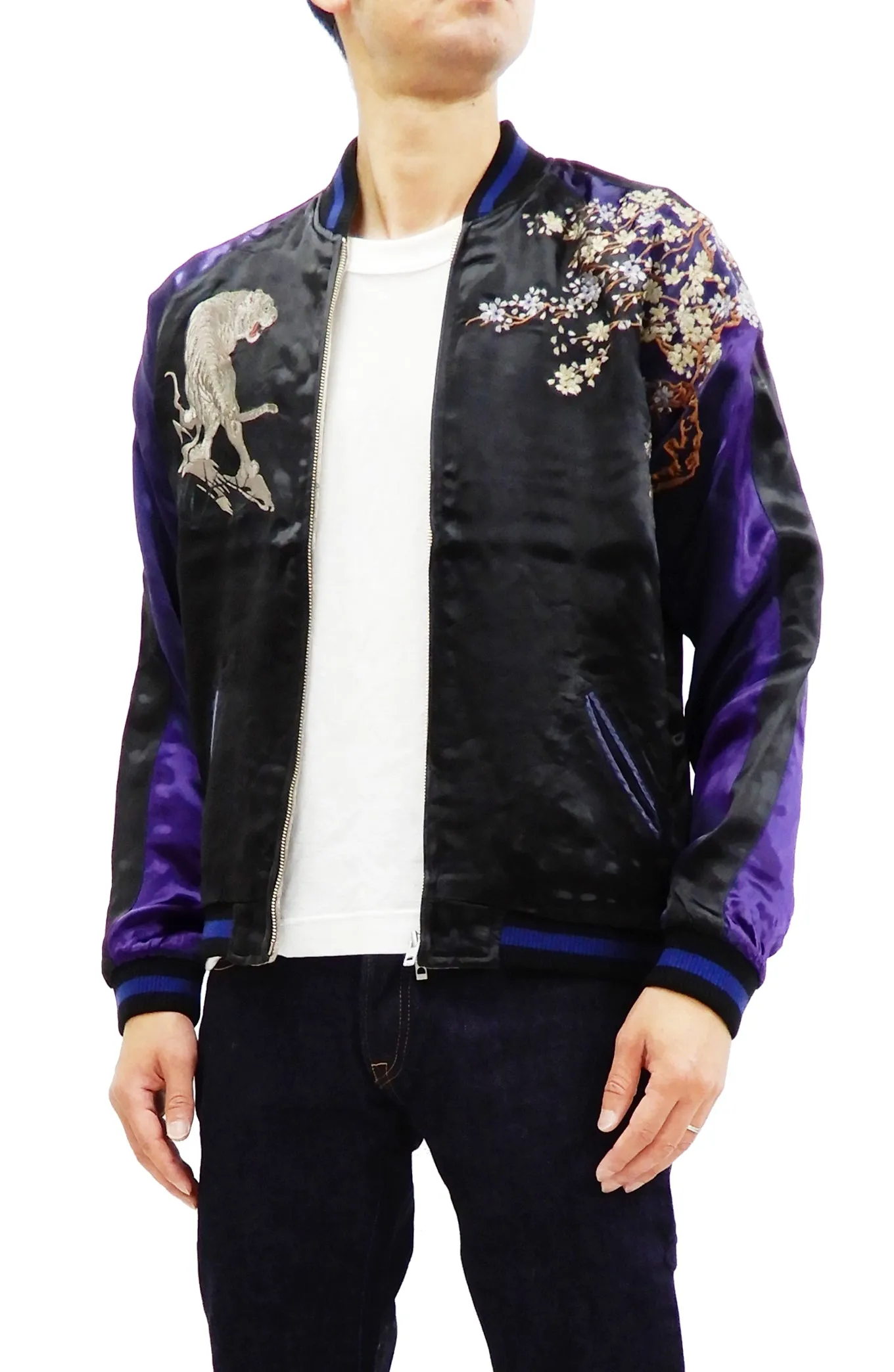 Hanatabi Gakudan Men's Japanese Souvenir Jacket Japanese white tiger Sukajan Script SSJ-033