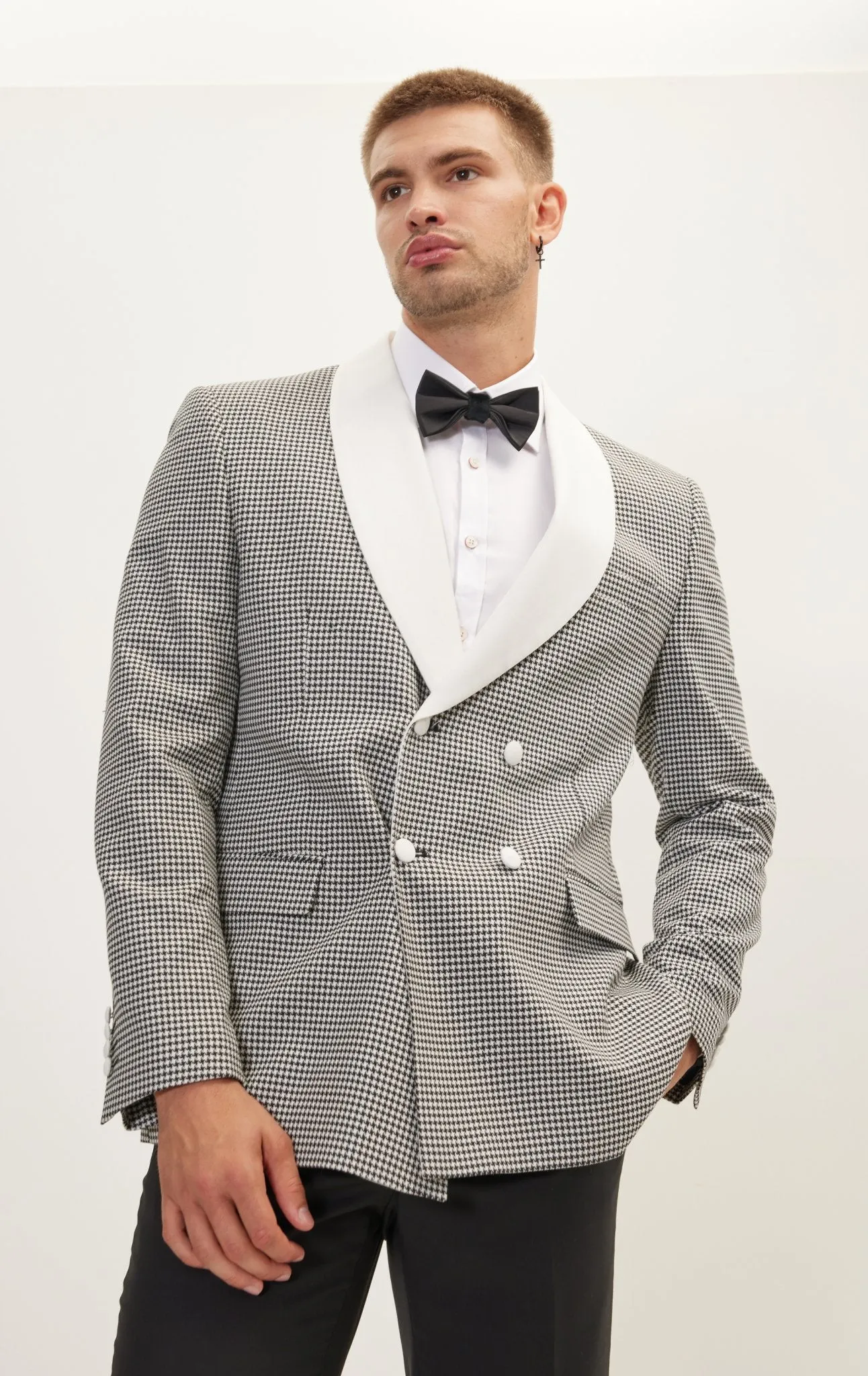 Houndstooth Double Breasted Dinner Jacket - Off White Black