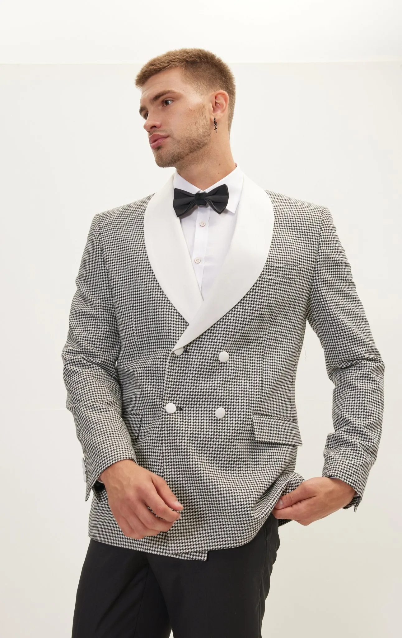 Houndstooth Double Breasted Dinner Jacket - Off White Black