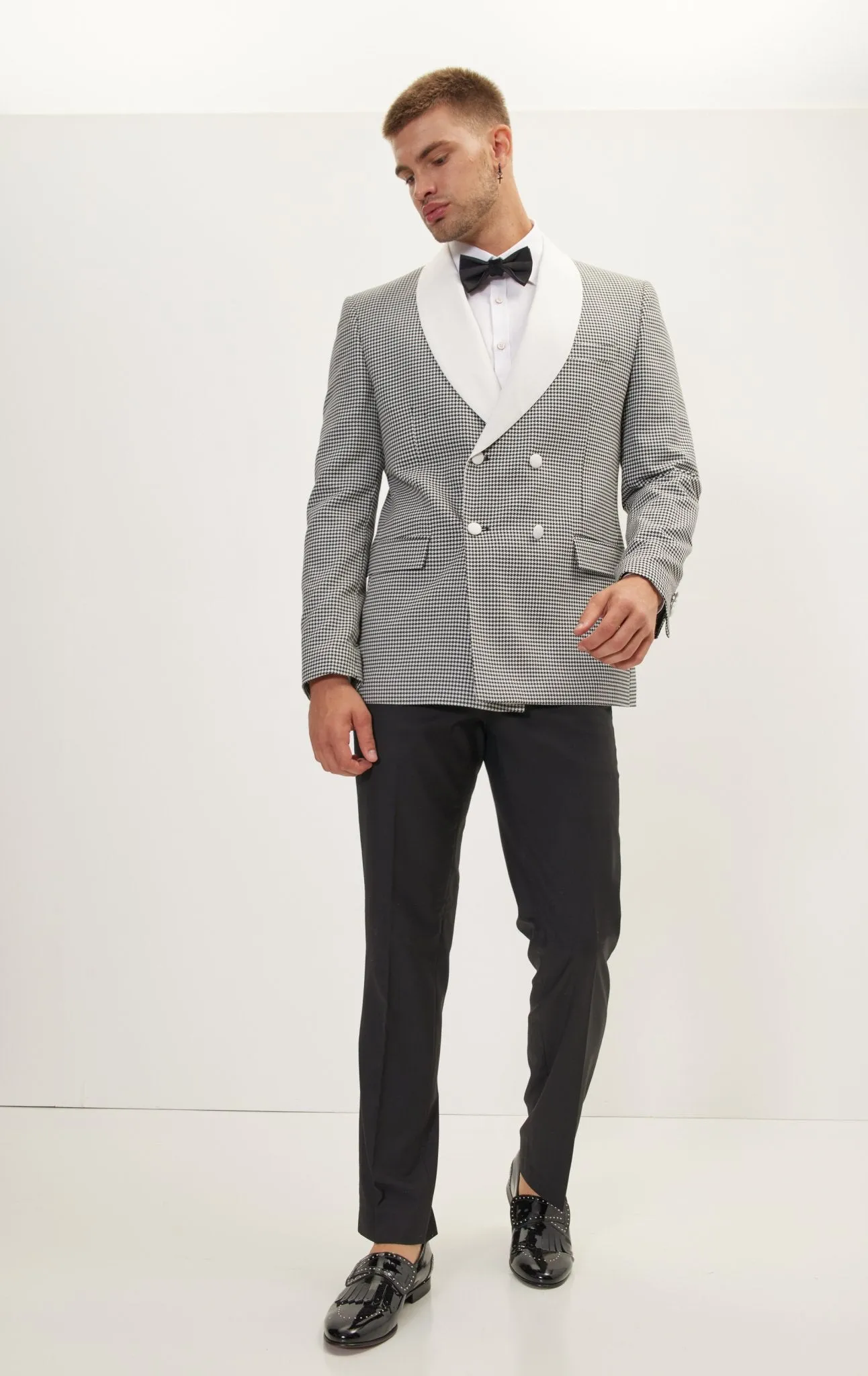 Houndstooth Double Breasted Dinner Jacket - Off White Black