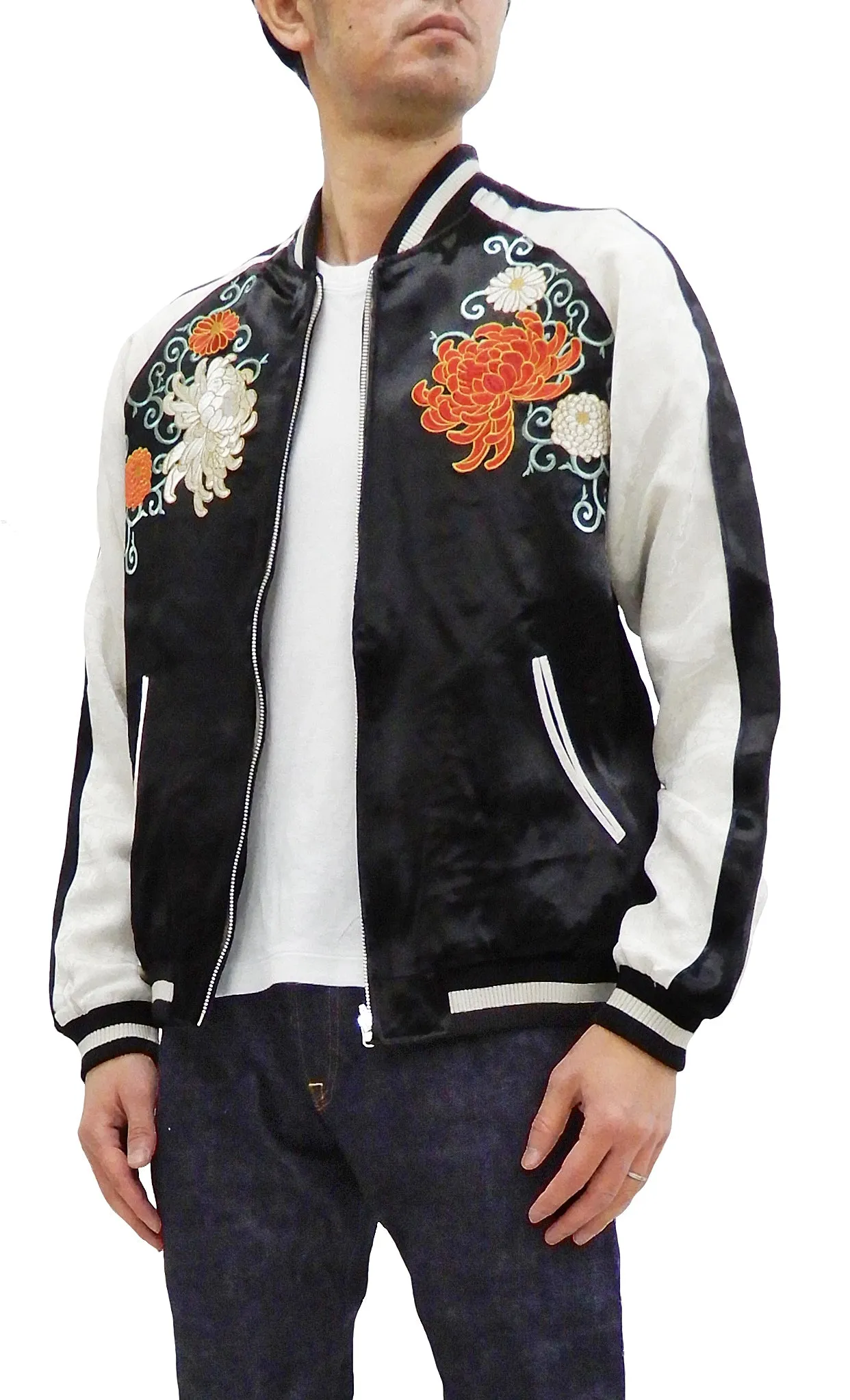 Japanesque Men's Japanese Souvenir Jacket Chrysanthemum Sukajan 3RSJ-703 Black/Off