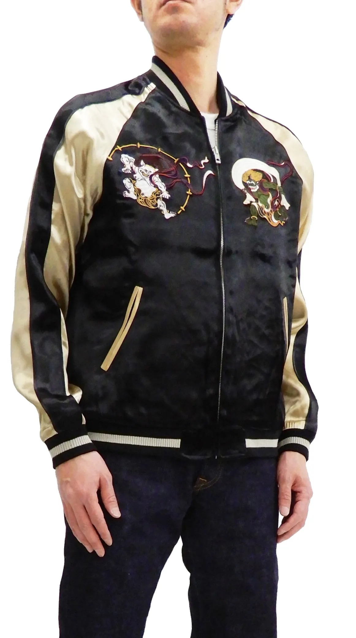 Japanesque Men's Japanese Souvenir Jacket Fujin Raijin Sukajan 3RSJ-003 Black/Beige