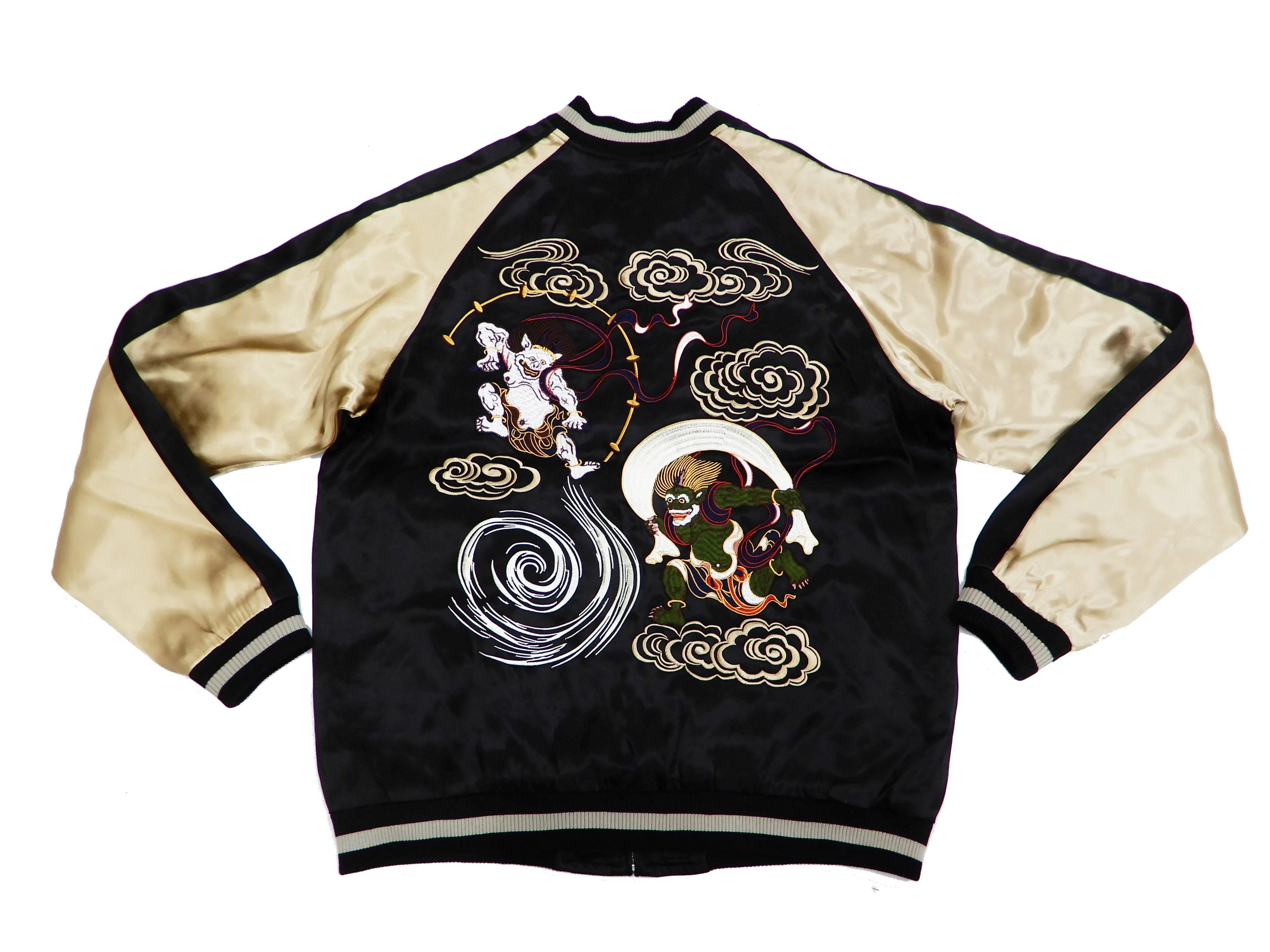 Japanesque Men's Japanese Souvenir Jacket Fujin Raijin Sukajan 3RSJ-003 Black/Beige