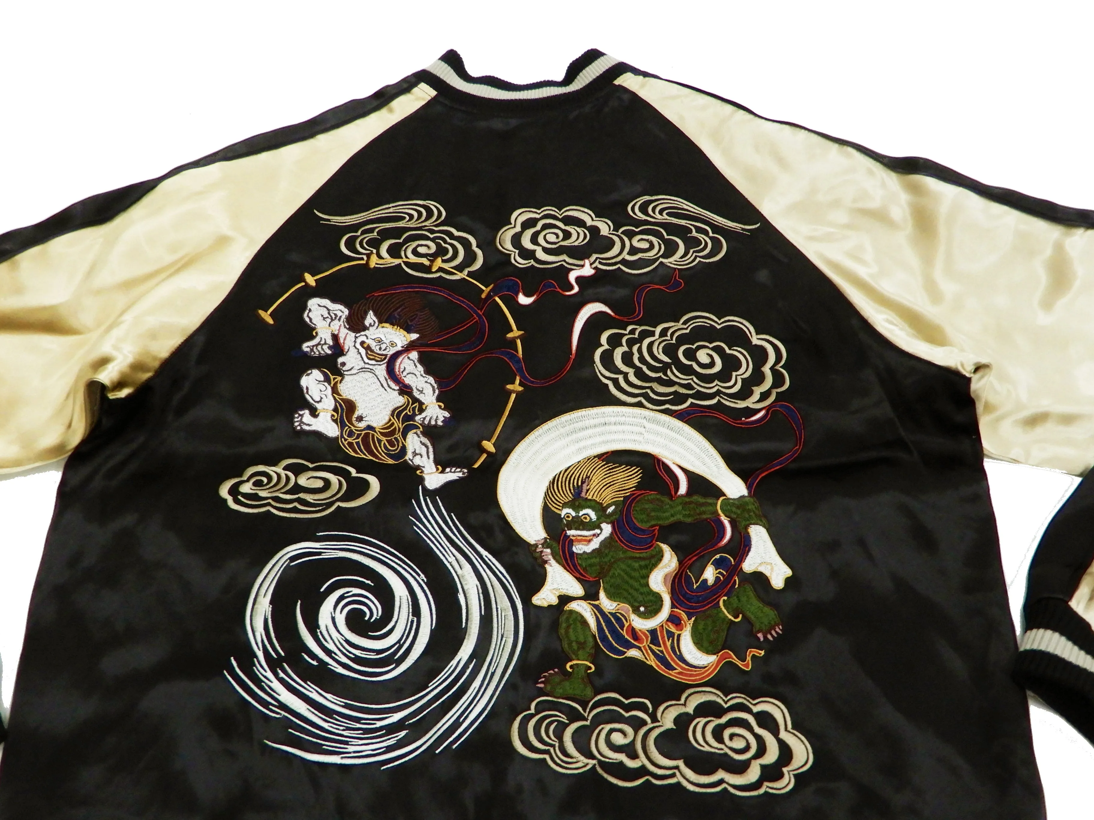 Japanesque Men's Japanese Souvenir Jacket Fujin Raijin Sukajan 3RSJ-003 Black/Beige