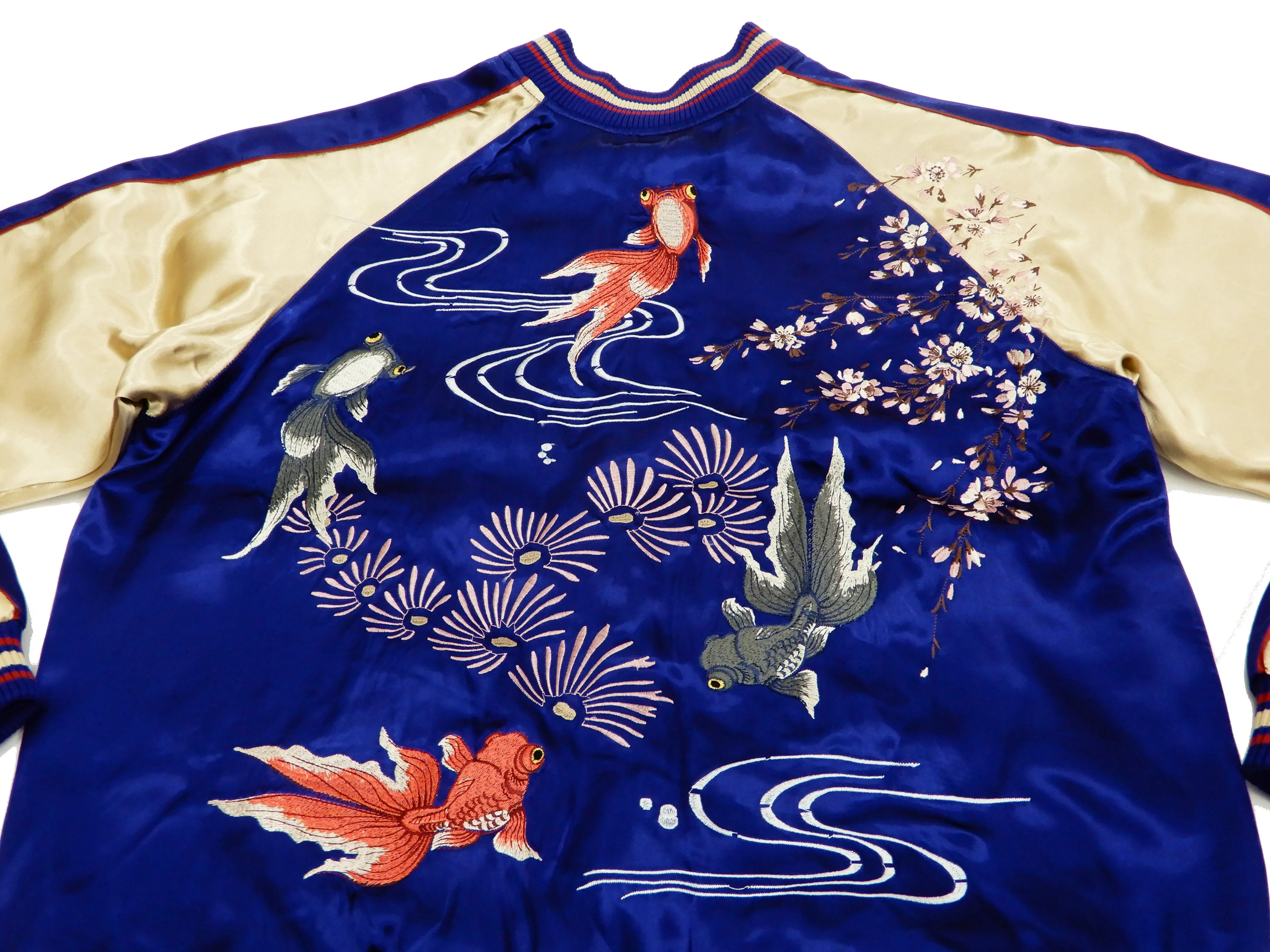 Japanesque Men's Japanese Souvenir Jacket Goldfish Embroidered Sukajan 3RSJ-015 Blue/Beige