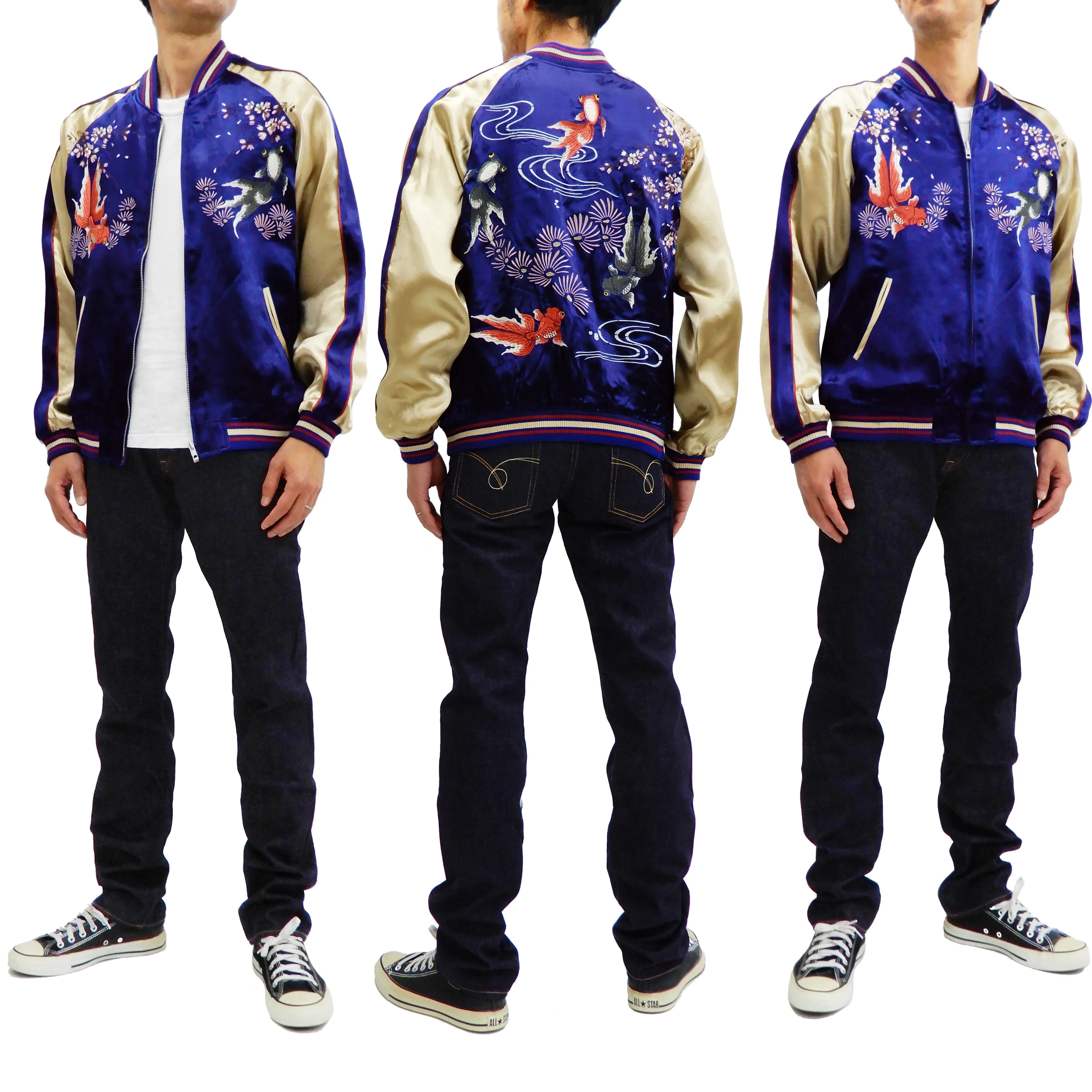 Japanesque Men's Japanese Souvenir Jacket Goldfish Embroidered Sukajan 3RSJ-015 Blue/Beige