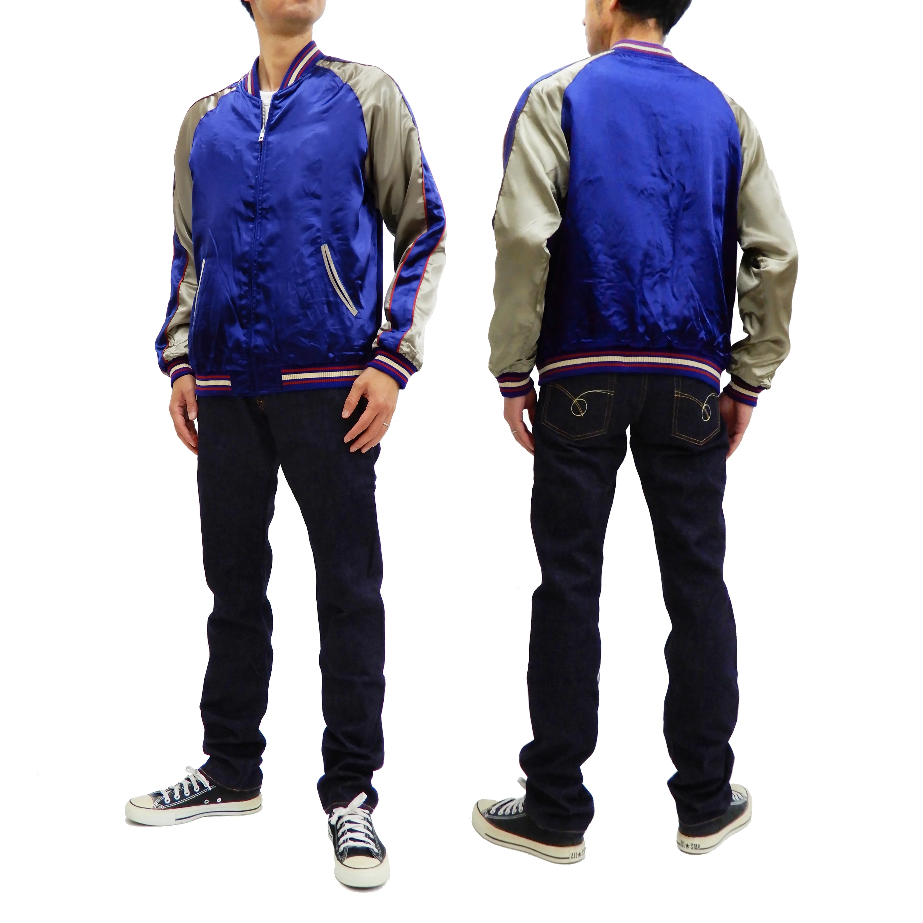 Japanesque Men's Japanese Souvenir Jacket Goldfish Embroidered Sukajan 3RSJ-015 Blue/Beige