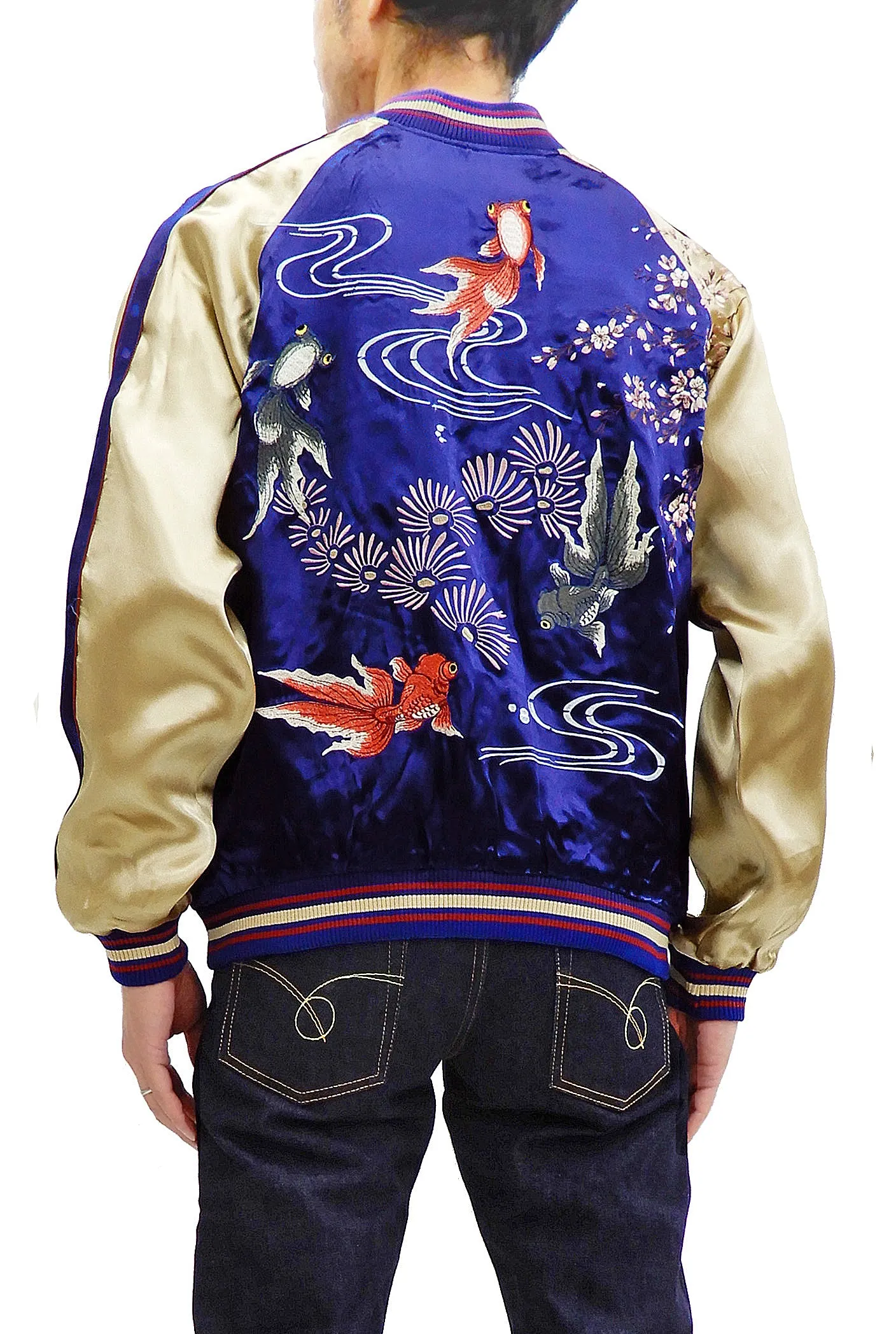 Japanesque Men's Japanese Souvenir Jacket Goldfish Embroidered Sukajan 3RSJ-015 Blue/Beige