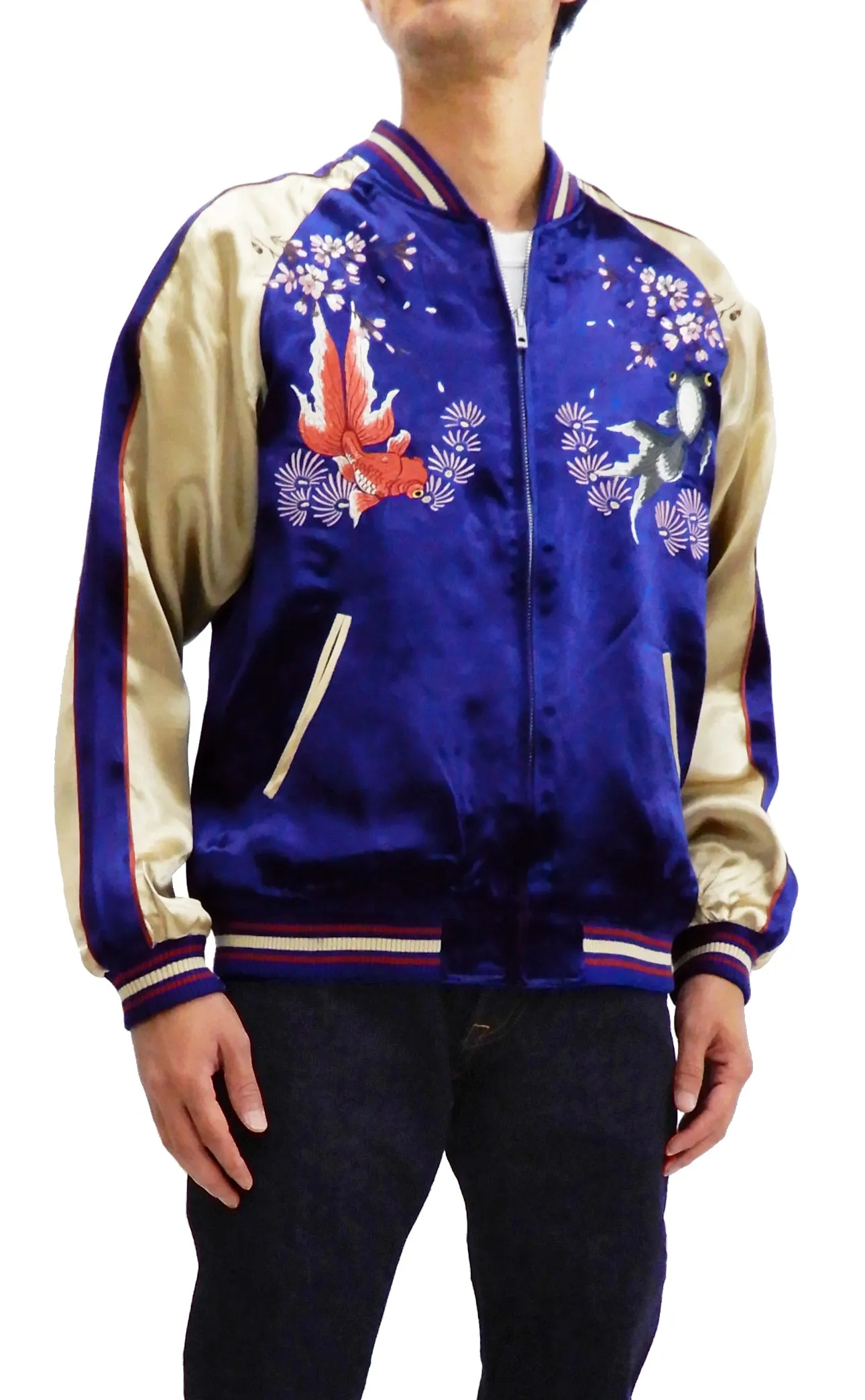 Japanesque Men's Japanese Souvenir Jacket Goldfish Embroidered Sukajan 3RSJ-015 Blue/Beige