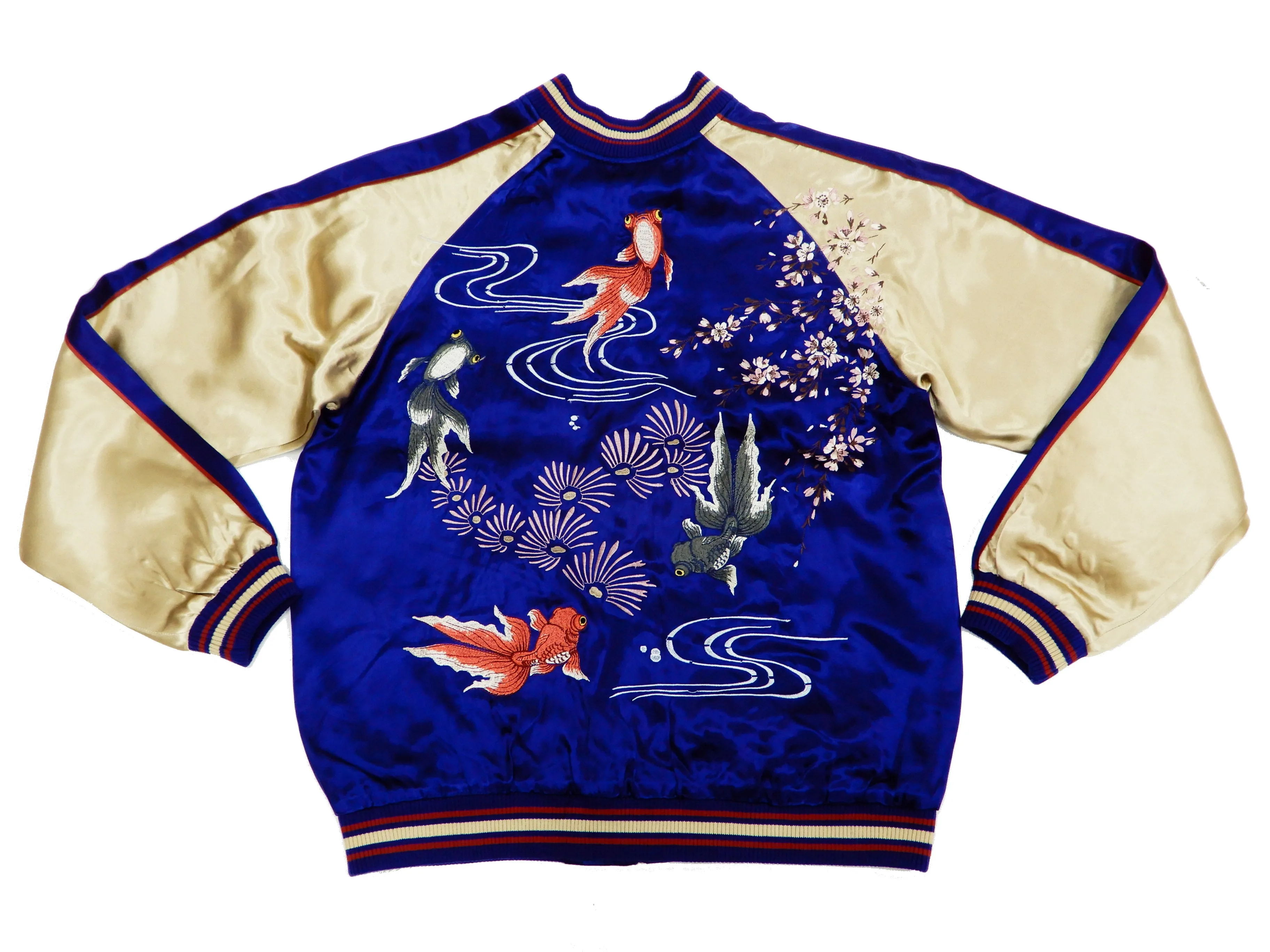 Japanesque Men's Japanese Souvenir Jacket Goldfish Embroidered Sukajan 3RSJ-015 Blue/Beige