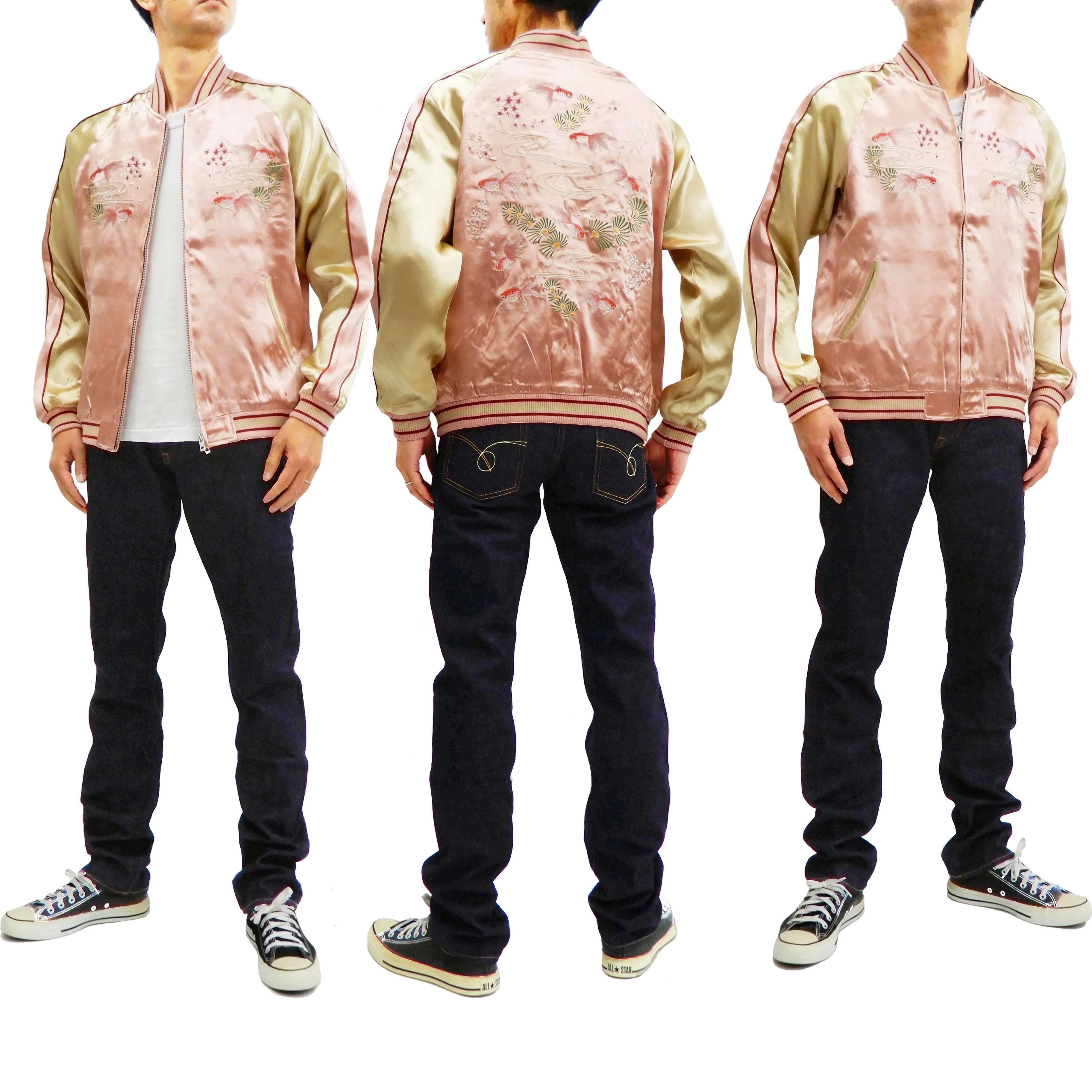 Japanesque Men's Japanese Souvenir Jacket Goldfish Embroidered Sukajan 3RSJ-049 Pink/Beige