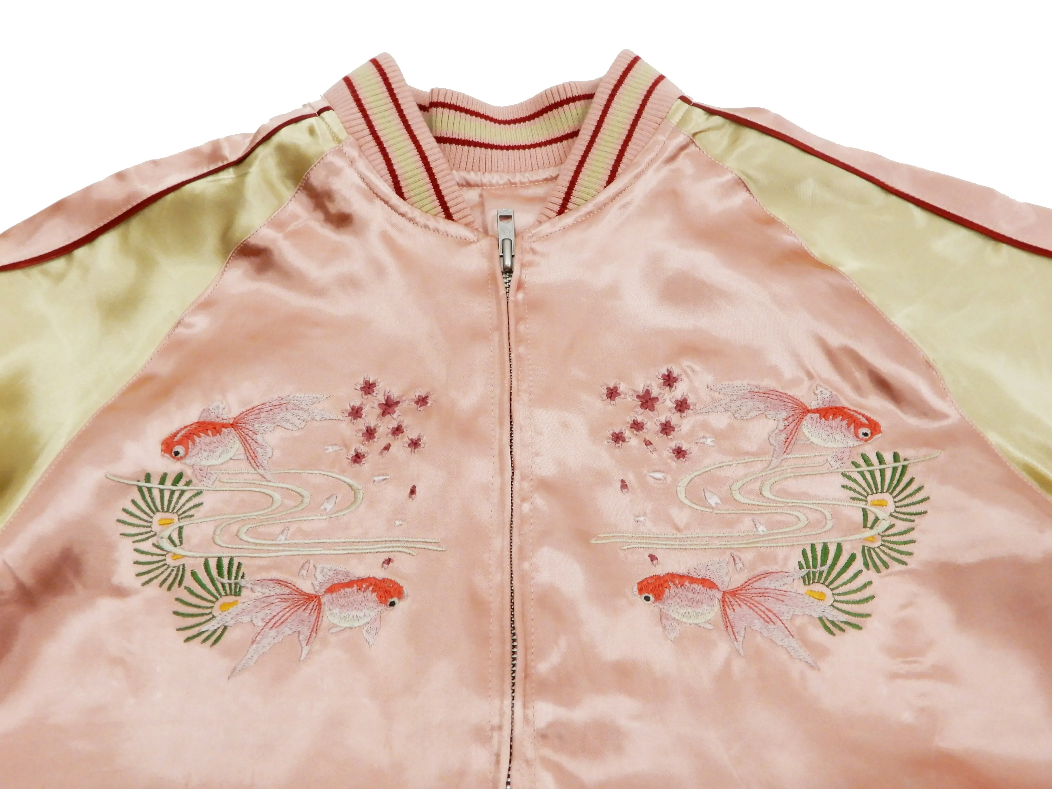 Japanesque Men's Japanese Souvenir Jacket Goldfish Embroidered Sukajan 3RSJ-049 Pink/Beige