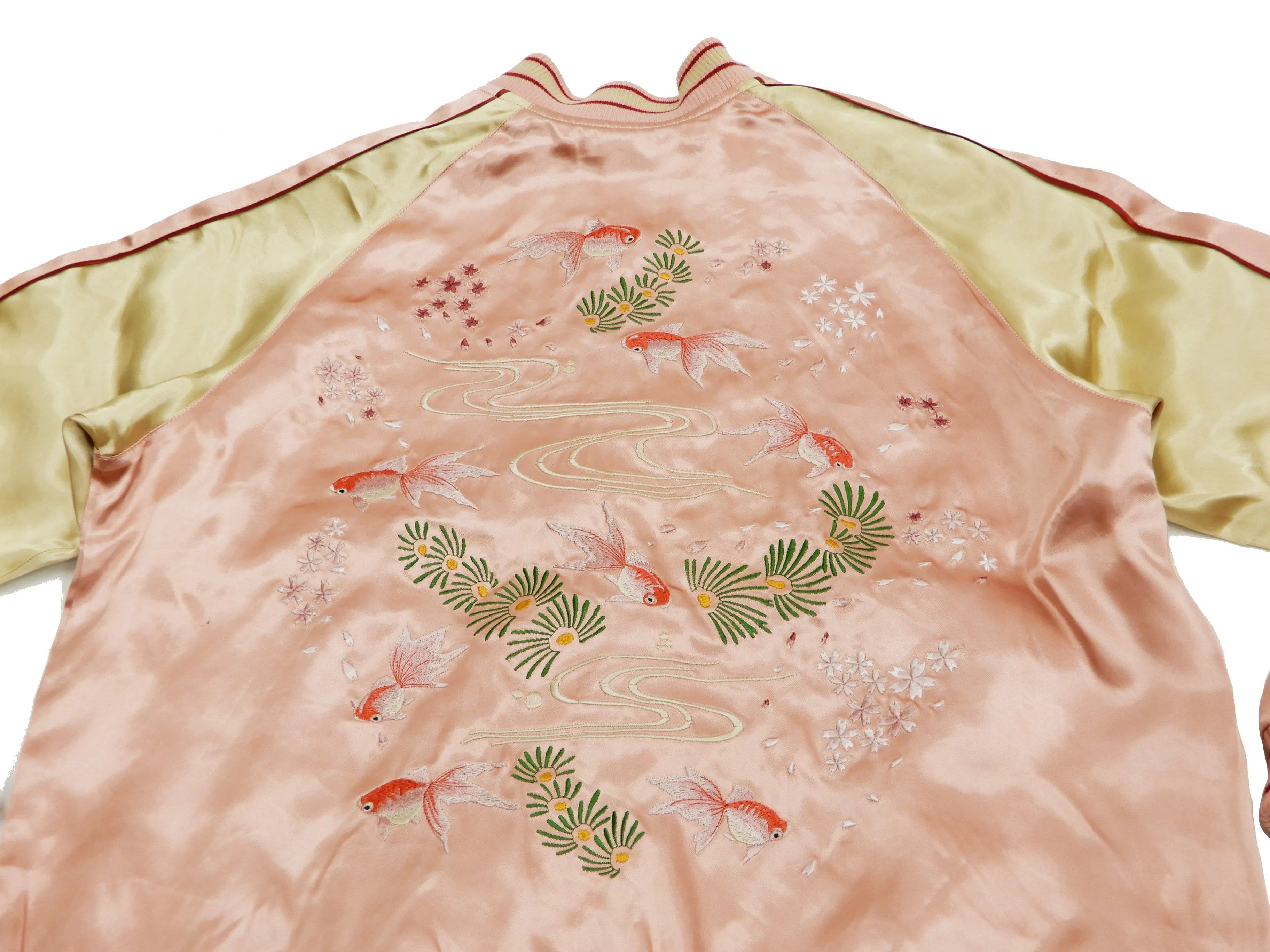 Japanesque Men's Japanese Souvenir Jacket Goldfish Embroidered Sukajan 3RSJ-049 Pink/Beige