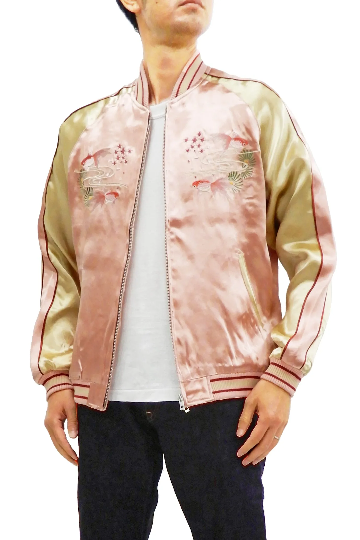 Japanesque Men's Japanese Souvenir Jacket Goldfish Embroidered Sukajan 3RSJ-049 Pink/Beige