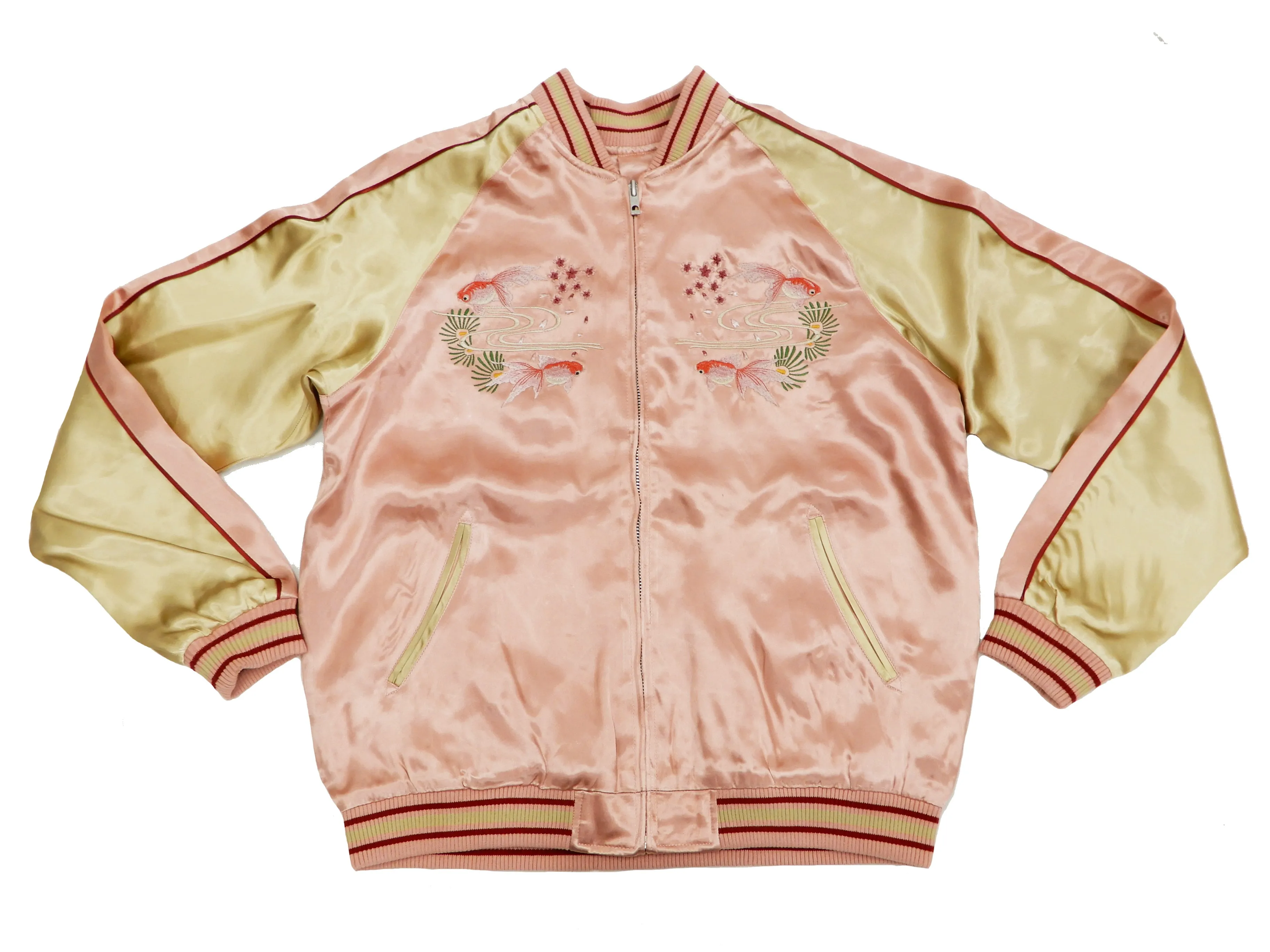 Japanesque Men's Japanese Souvenir Jacket Goldfish Embroidered Sukajan 3RSJ-049 Pink/Beige