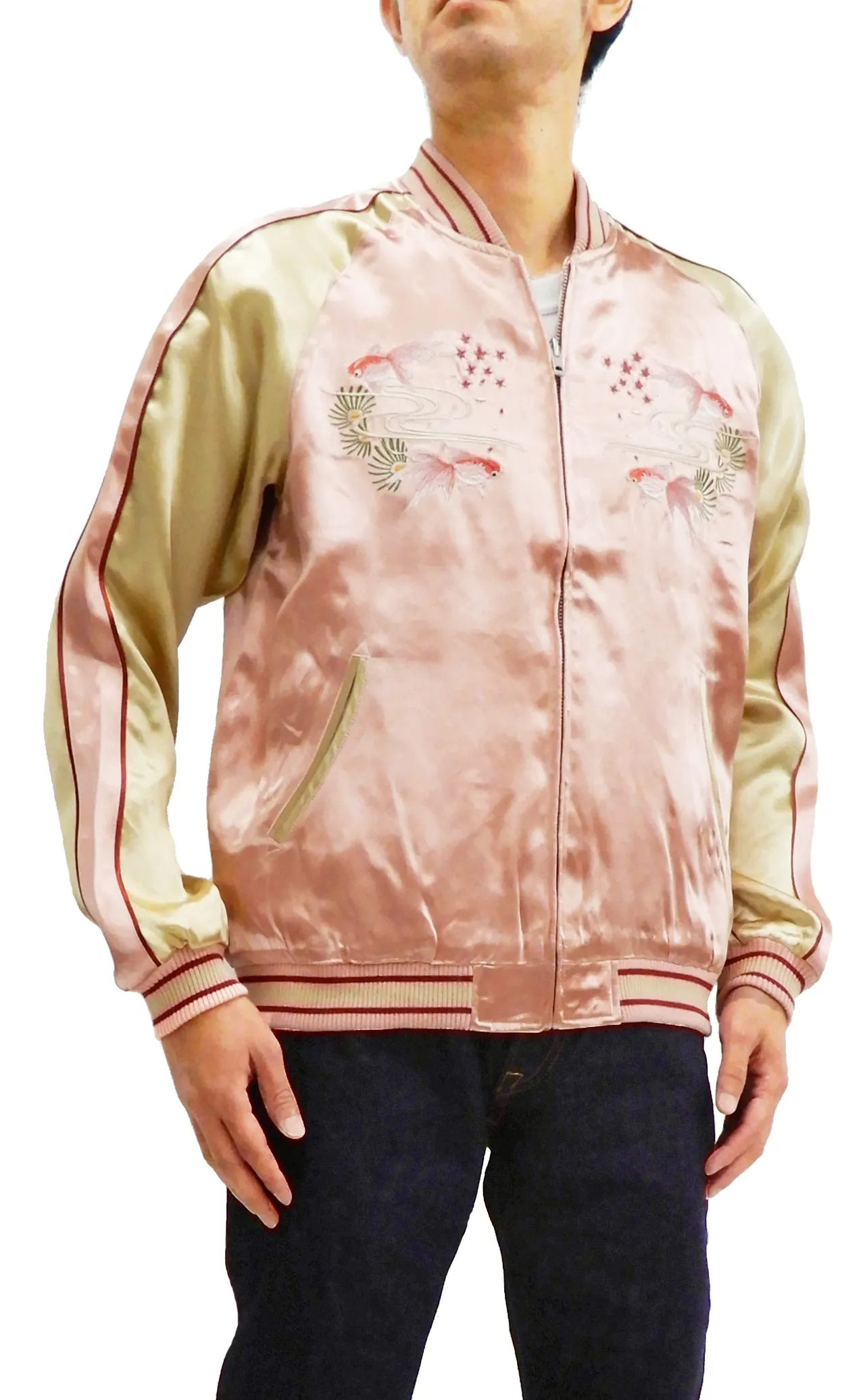 Japanesque Men's Japanese Souvenir Jacket Goldfish Embroidered Sukajan 3RSJ-049 Pink/Beige