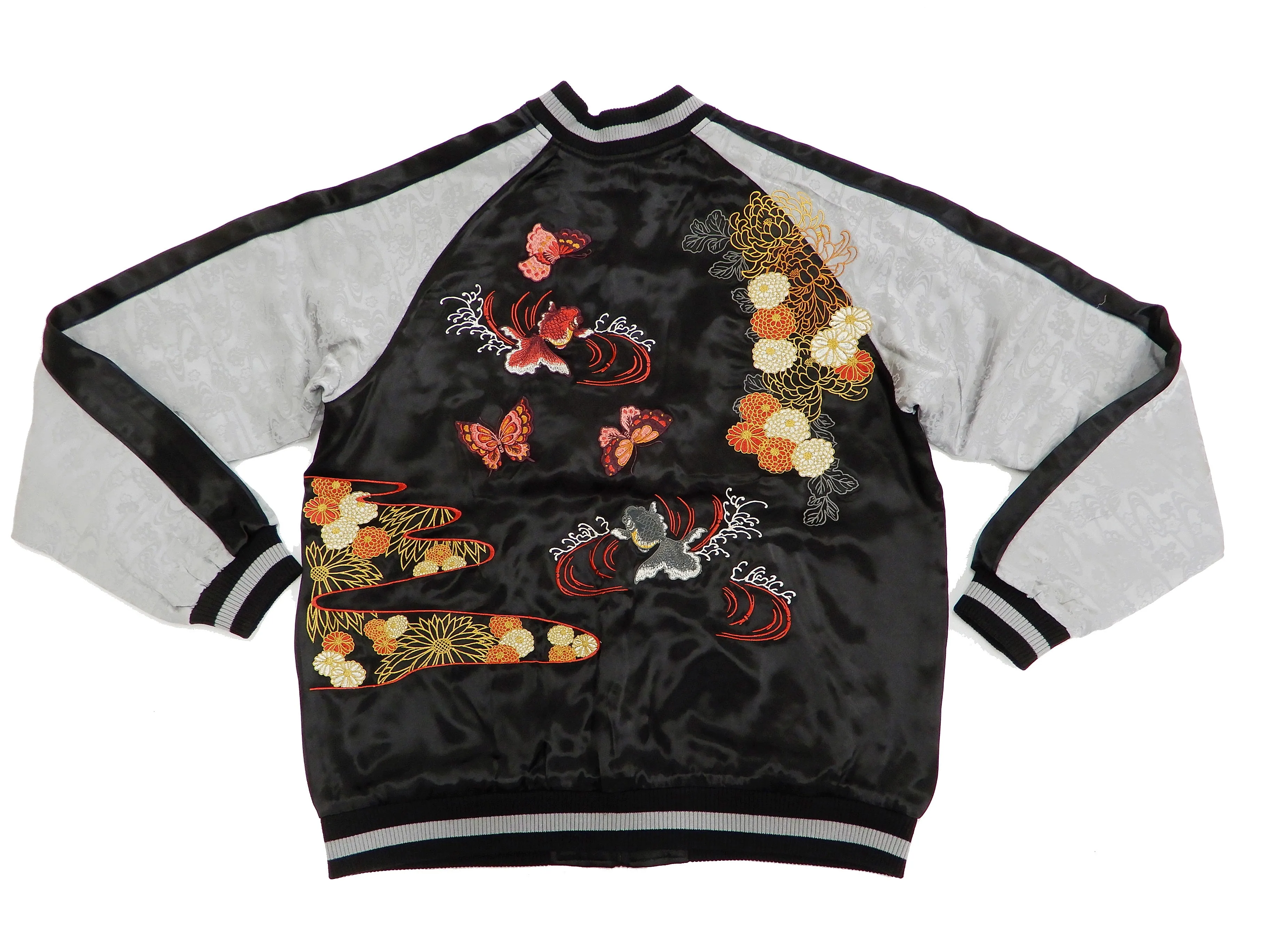 Japanesque Men's Japanese Souvenir Jacket Goldfish Embroidery Sukajan 3RSJ-701 Black/Gray