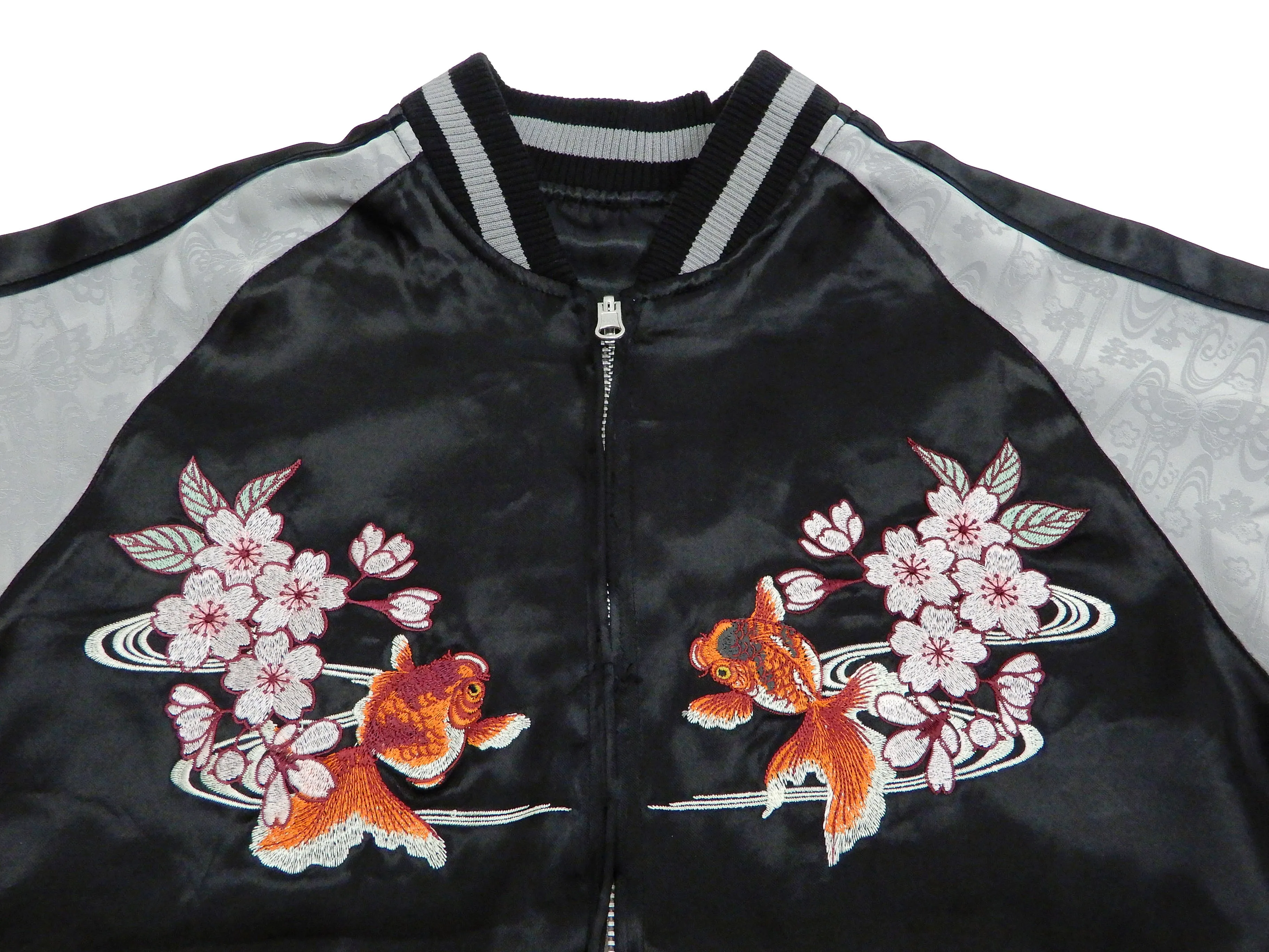 Japanesque Men's Japanese Souvenir Jacket Goldfish Embroidery Sukajan 3RSJ-702 Black/Gray