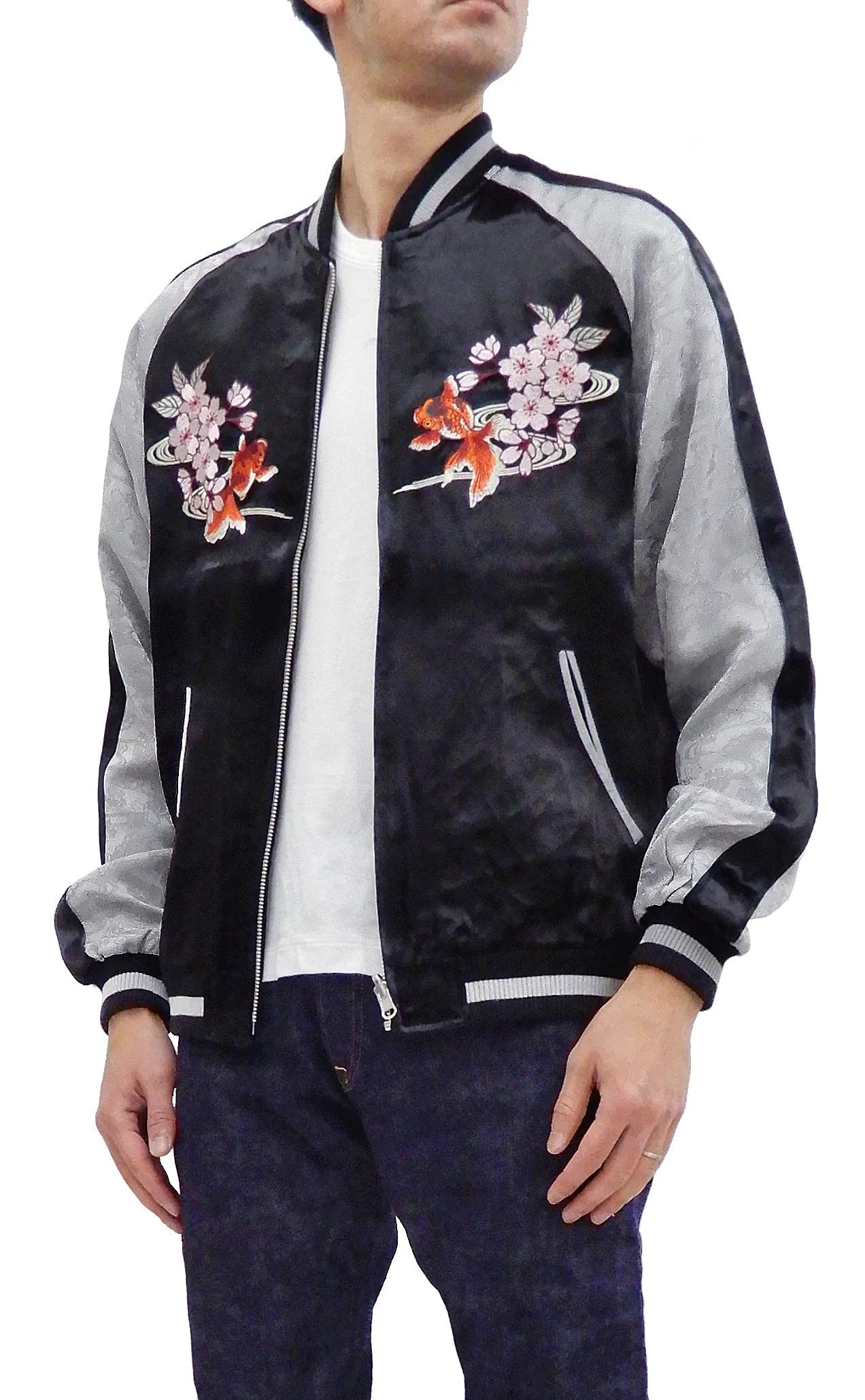 Japanesque Men's Japanese Souvenir Jacket Goldfish Embroidery Sukajan 3RSJ-702 Black/Gray