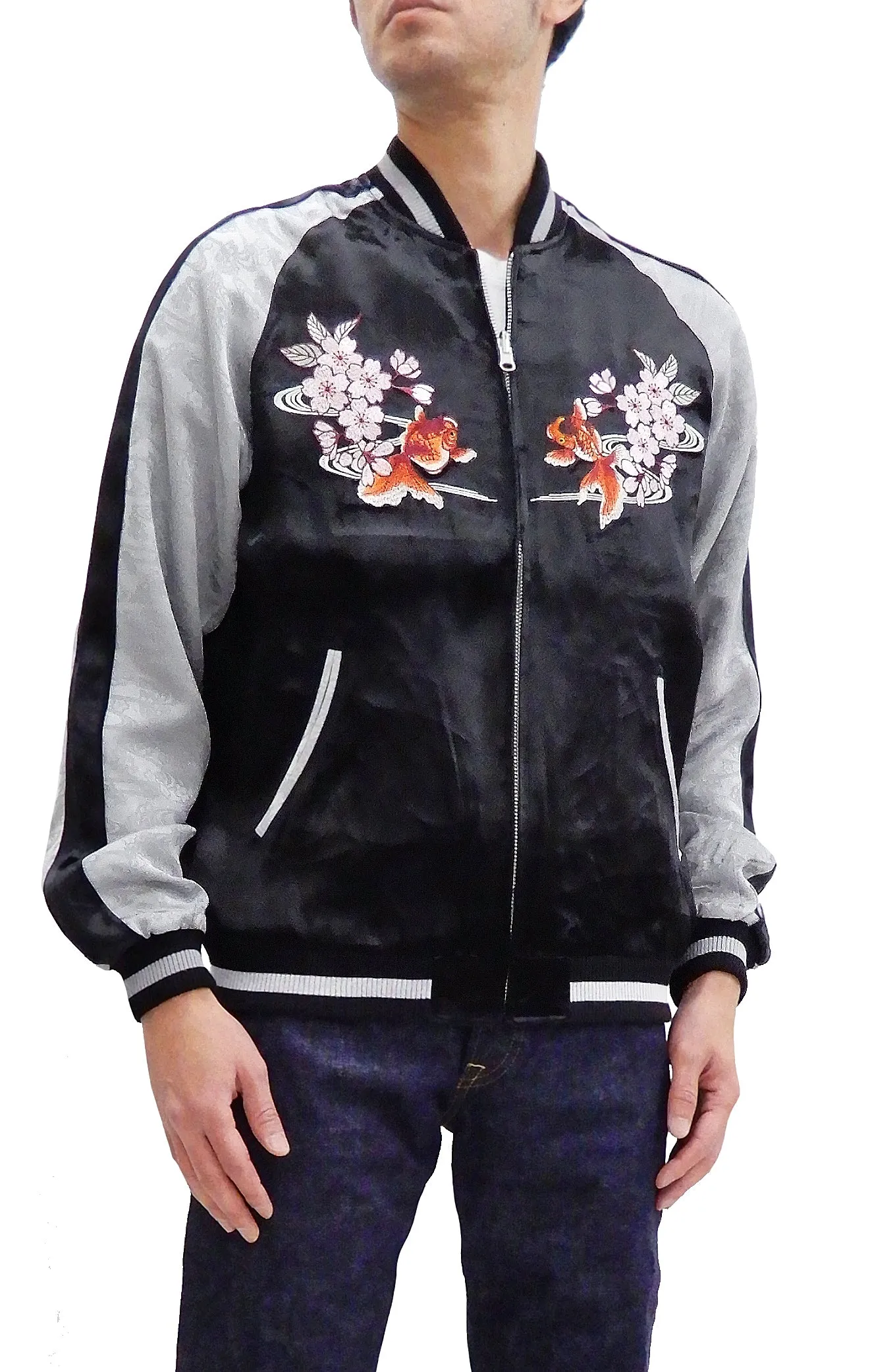 Japanesque Men's Japanese Souvenir Jacket Goldfish Embroidery Sukajan 3RSJ-702 Black/Gray