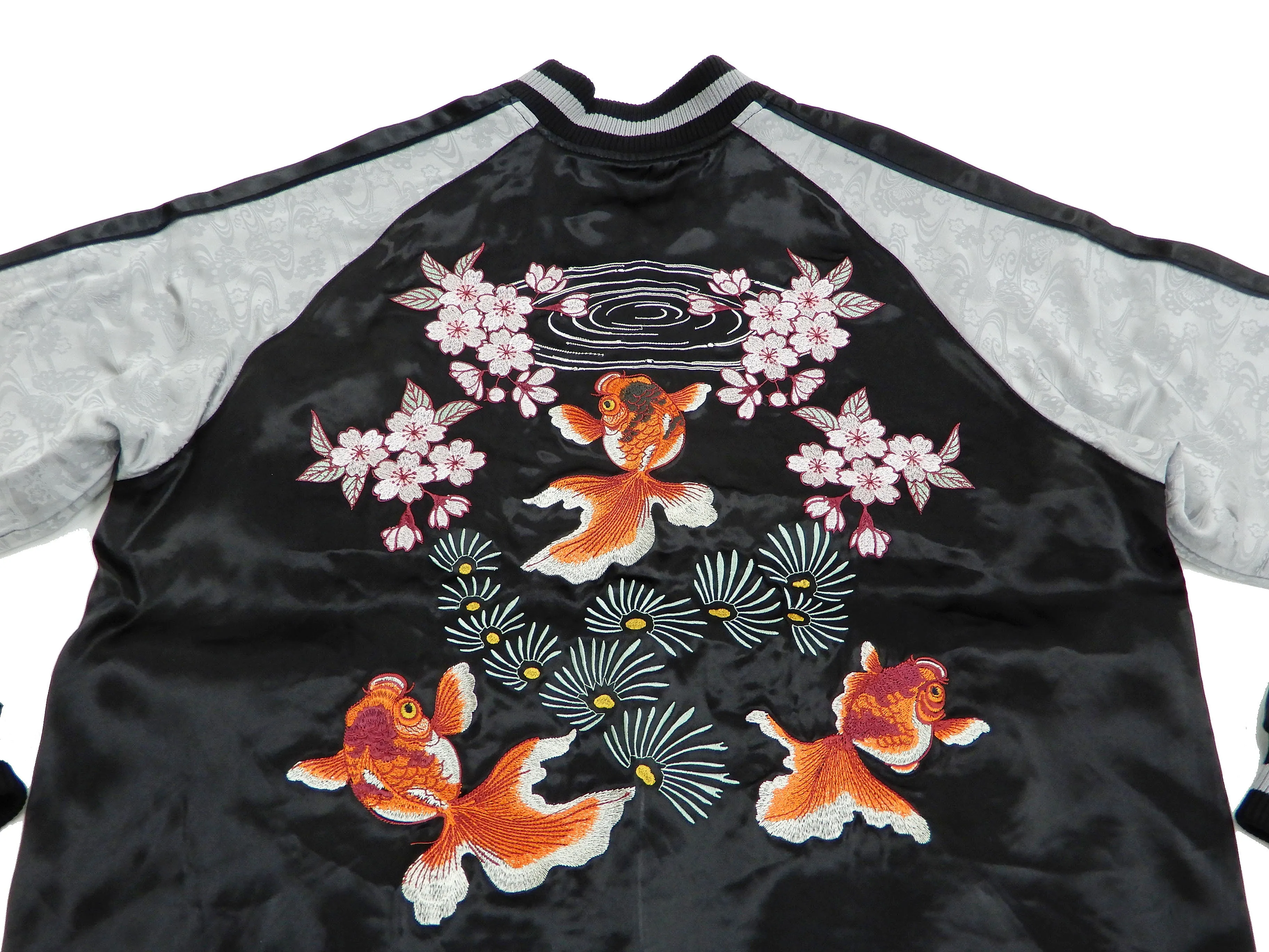 Japanesque Men's Japanese Souvenir Jacket Goldfish Embroidery Sukajan 3RSJ-702 Black/Gray