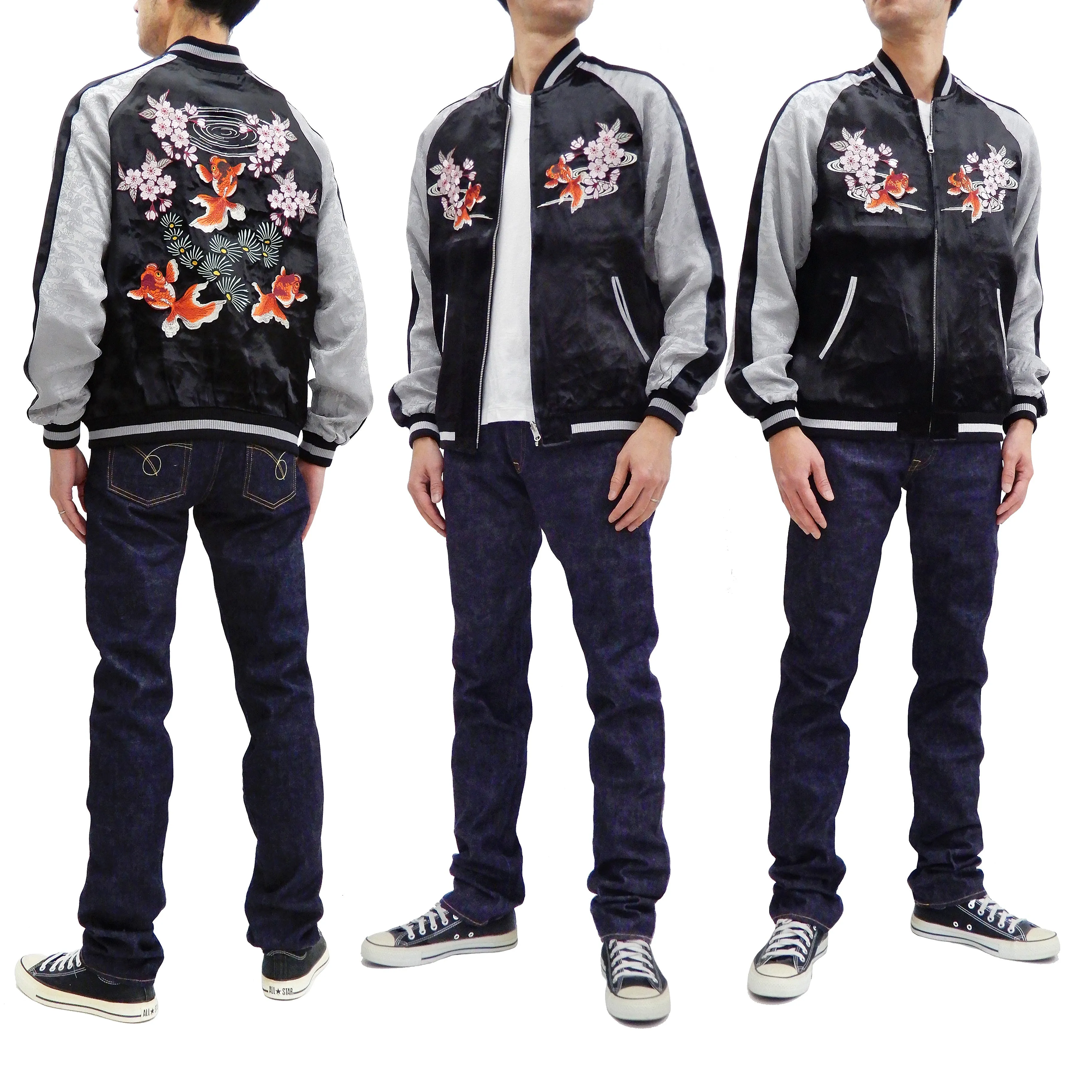 Japanesque Men's Japanese Souvenir Jacket Goldfish Embroidery Sukajan 3RSJ-702 Black/Gray