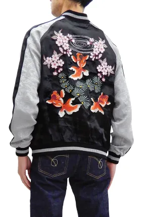 Japanesque Men's Japanese Souvenir Jacket Goldfish Embroidery Sukajan 3RSJ-702 Black/Gray