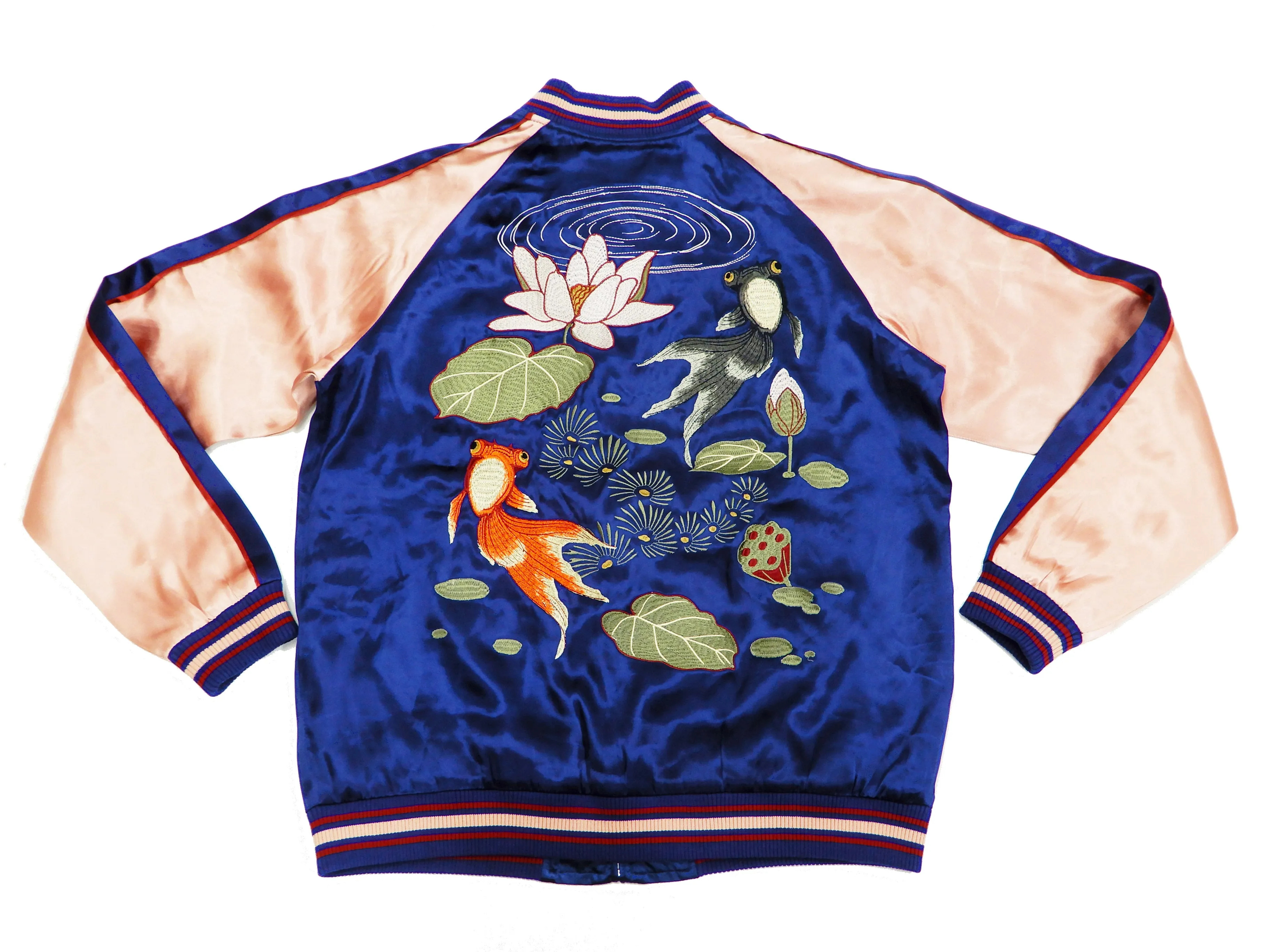 Japanesque Men's Japanese Souvenir Jacket Goldfish Sukajan 3RSJ-044 Navy-Blue/Pink