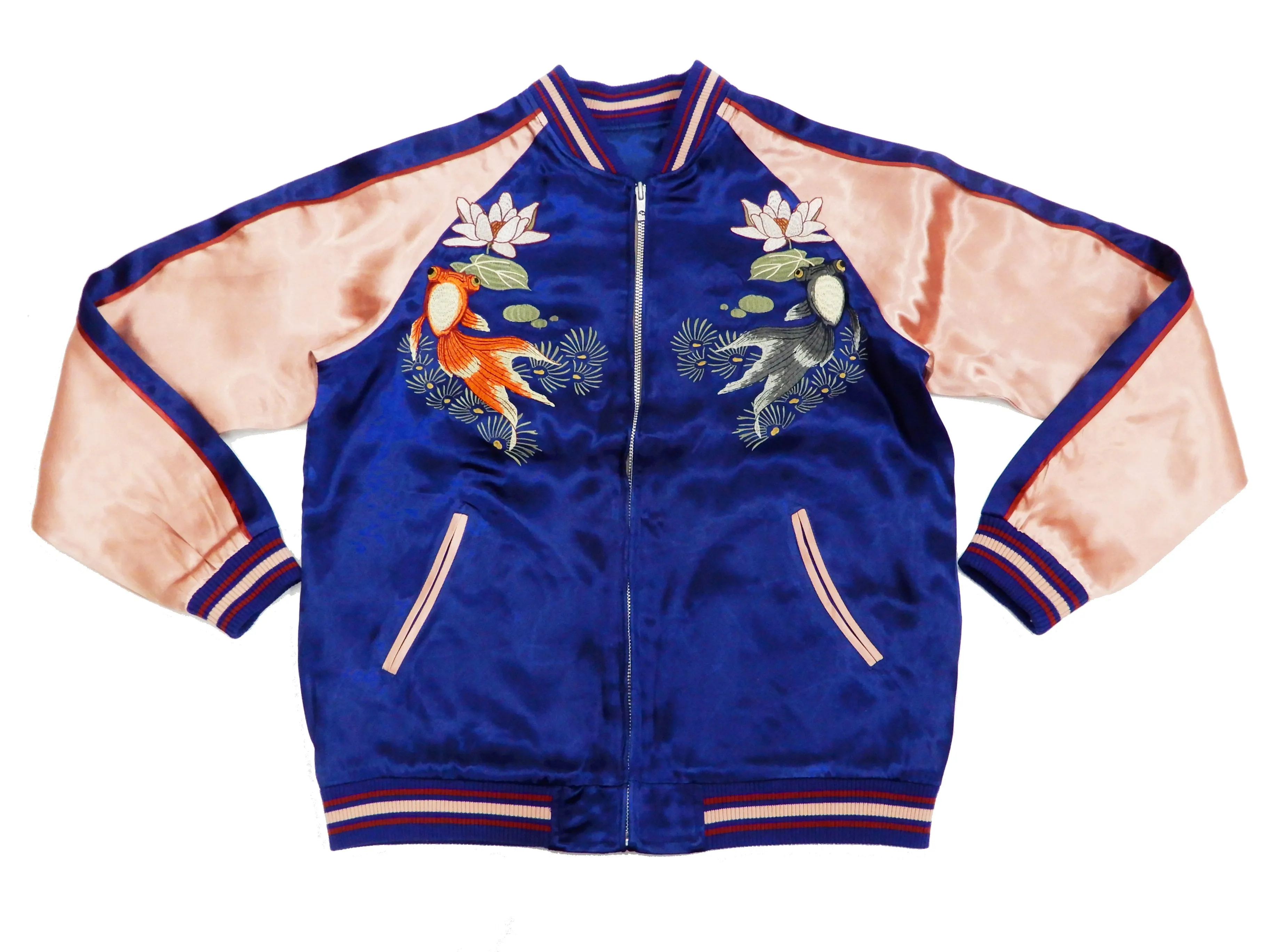 Japanesque Men's Japanese Souvenir Jacket Goldfish Sukajan 3RSJ-044 Navy-Blue/Pink