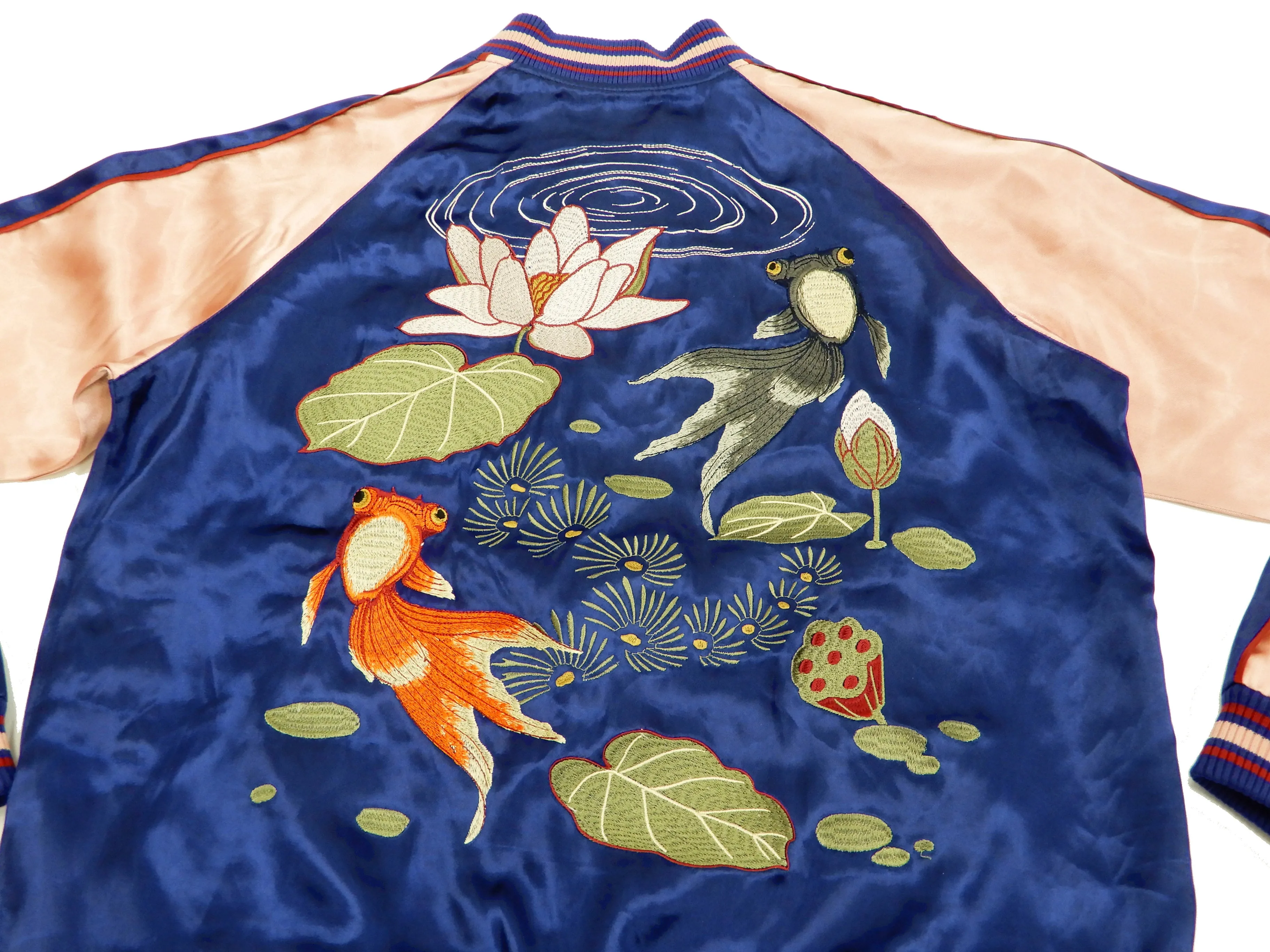 Japanesque Men's Japanese Souvenir Jacket Goldfish Sukajan 3RSJ-044 Navy-Blue/Pink