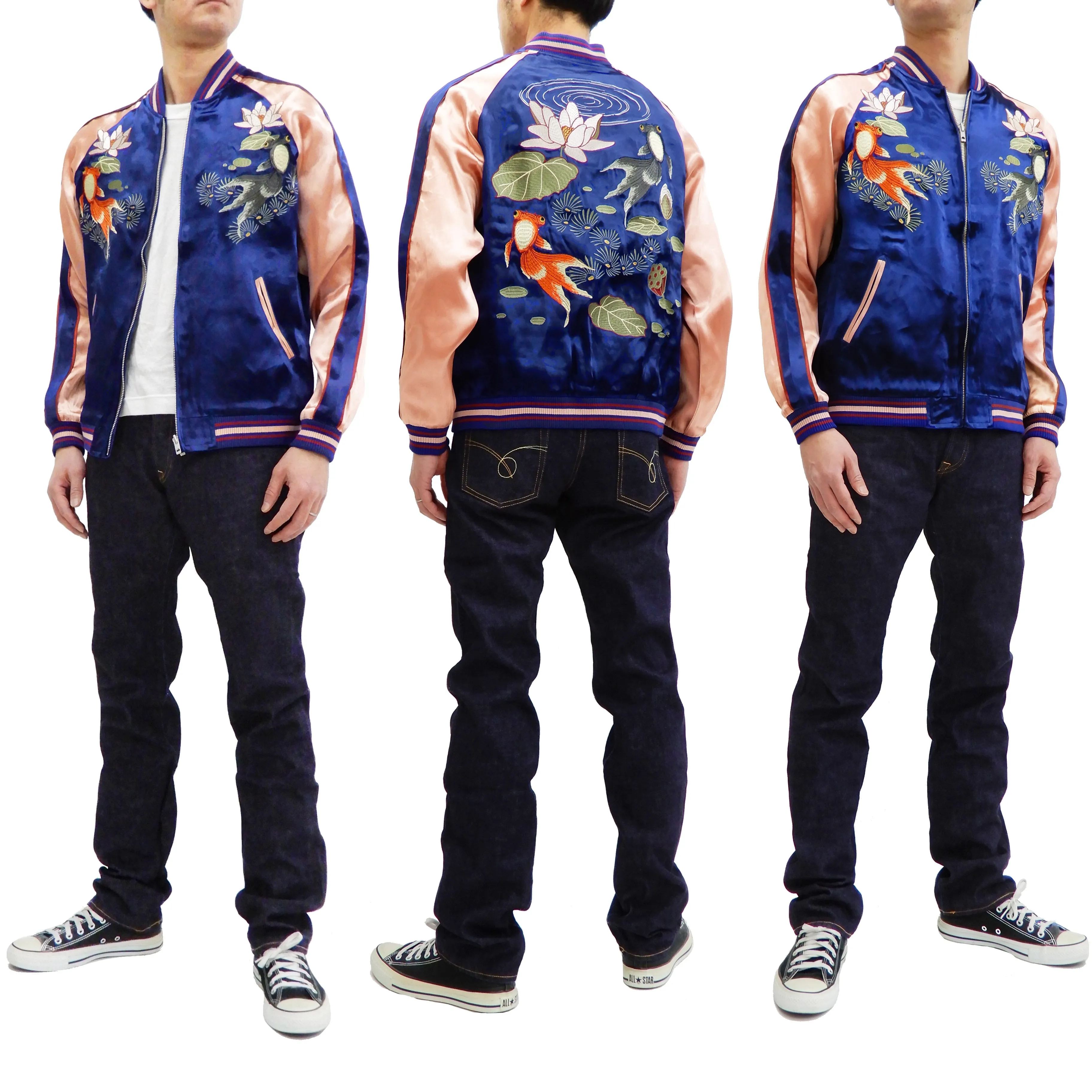 Japanesque Men's Japanese Souvenir Jacket Goldfish Sukajan 3RSJ-044 Navy-Blue/Pink