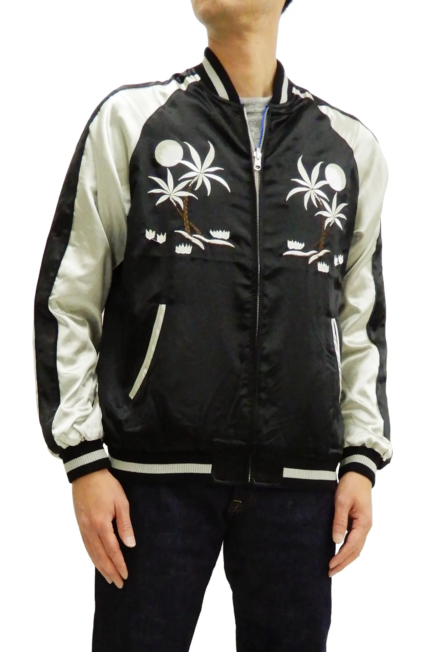 Japanesque Men's Japanese Souvenir Jacket Hawaii Reversible Sukajan 3RSJ-553 Black/Beige