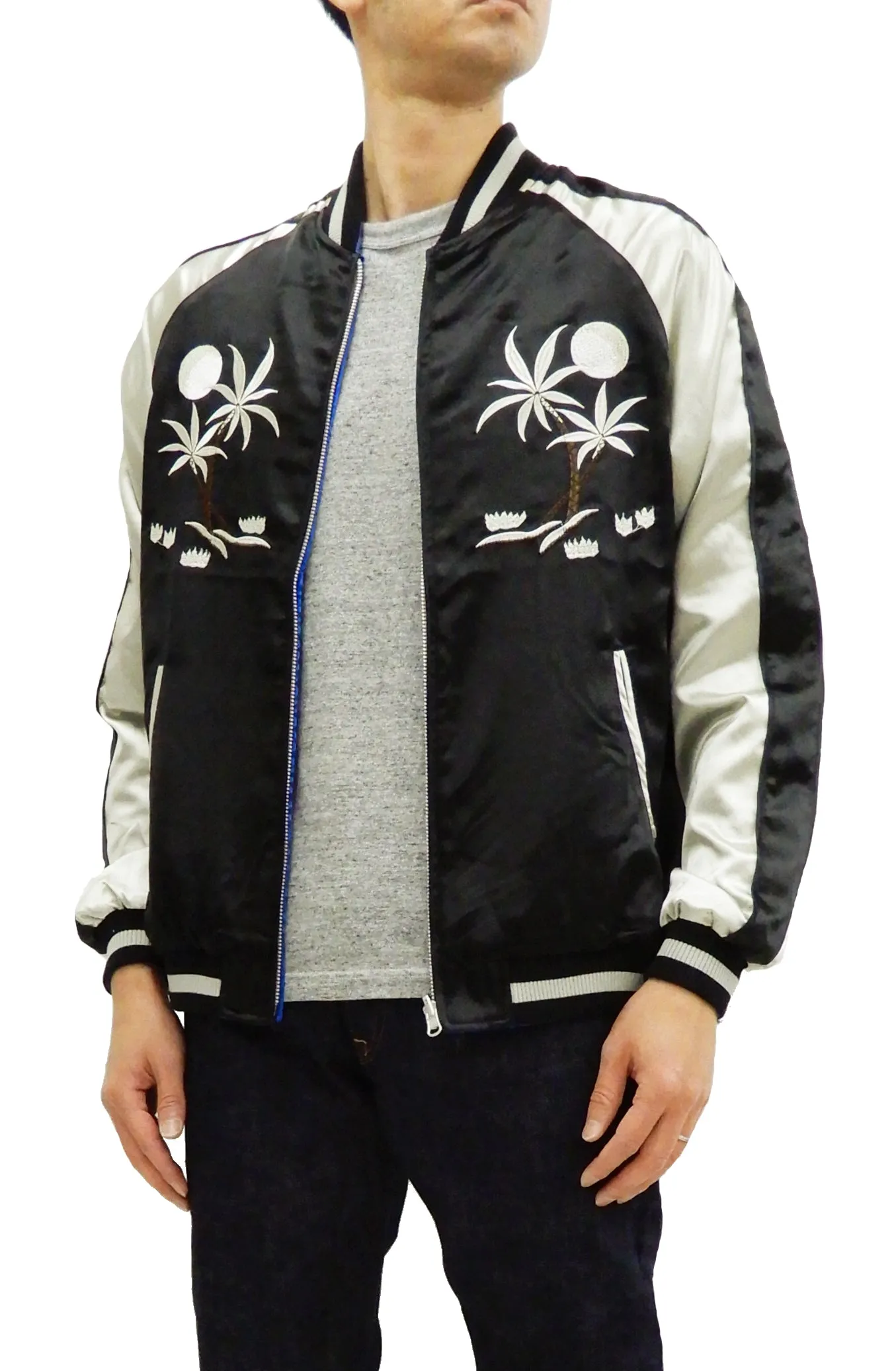 Japanesque Men's Japanese Souvenir Jacket Hawaii Reversible Sukajan 3RSJ-553 Black/Beige