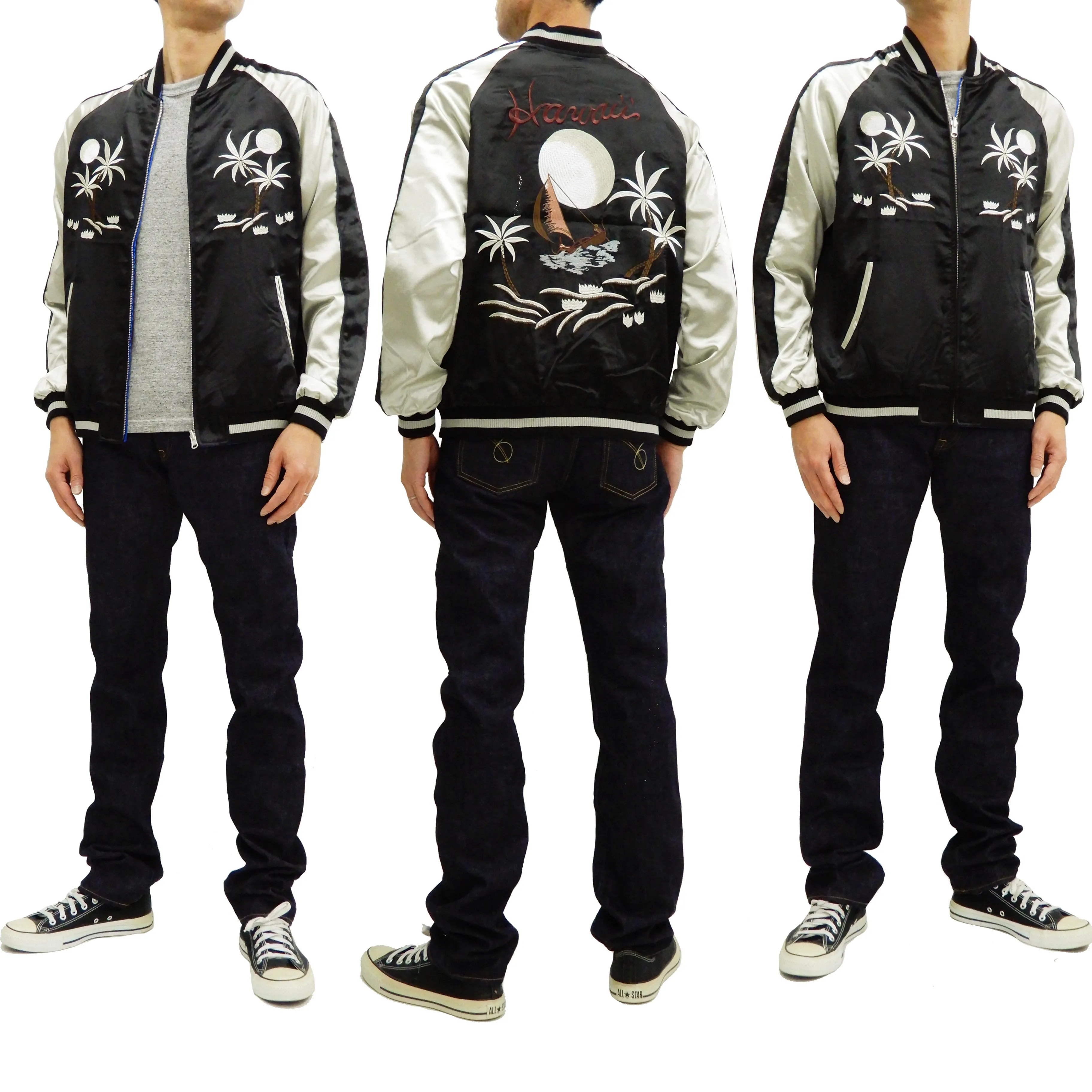 Japanesque Men's Japanese Souvenir Jacket Hawaii Reversible Sukajan 3RSJ-553 Black/Beige