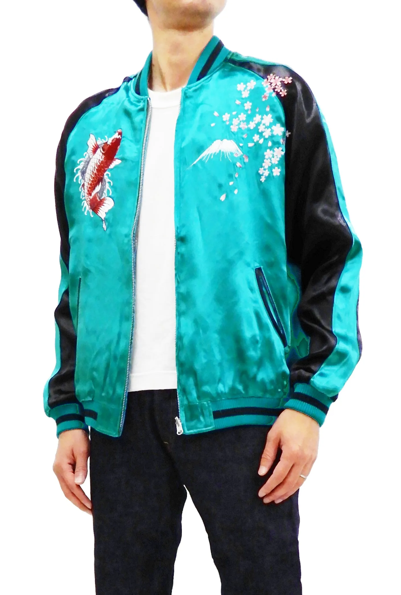 Japanesque Men's Japanese Souvenir Jacket koi fish Embroidered Sukajan 3RSJ-022 Blue-Green/Black