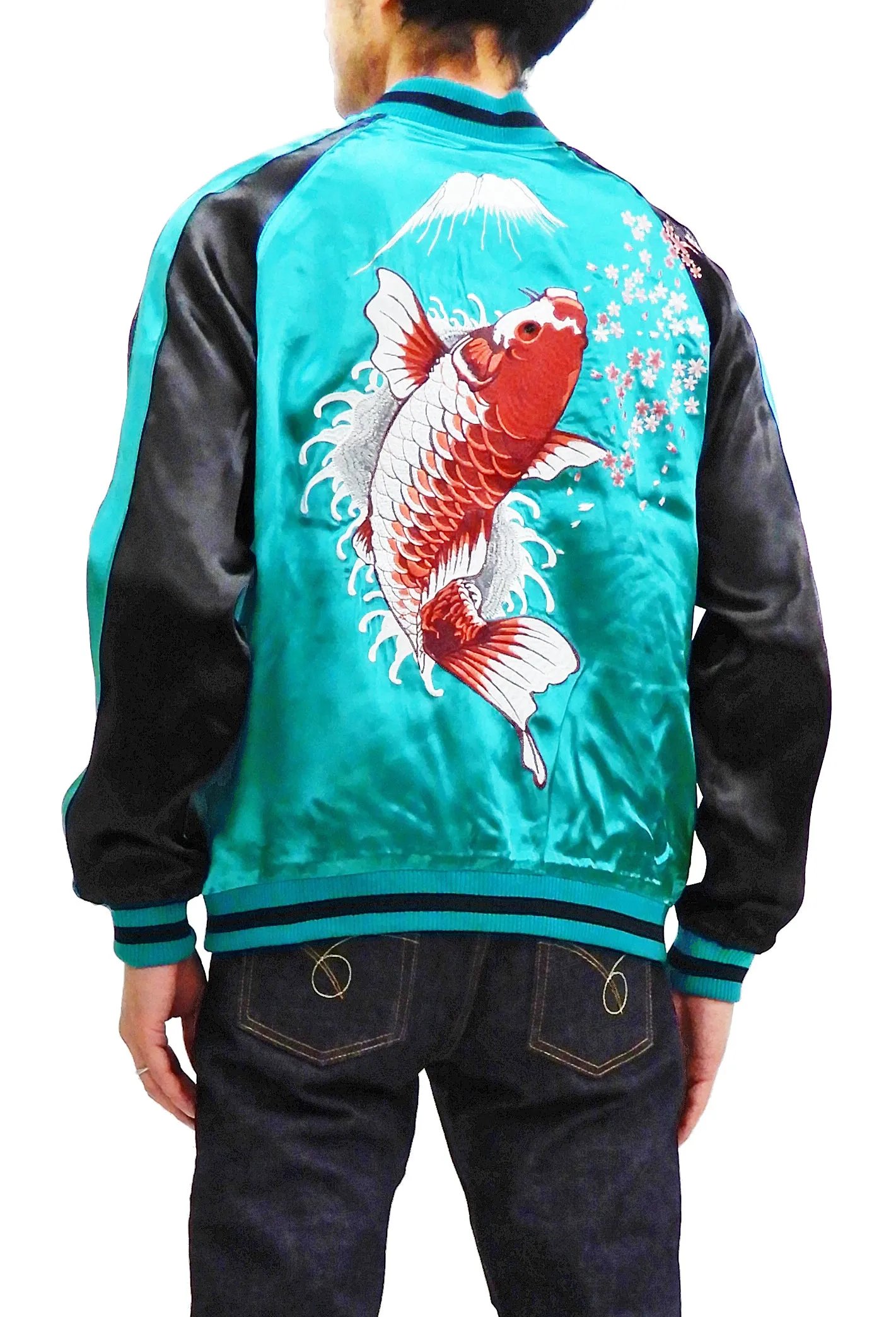 Japanesque Men's Japanese Souvenir Jacket koi fish Embroidered Sukajan 3RSJ-022 Blue-Green/Black