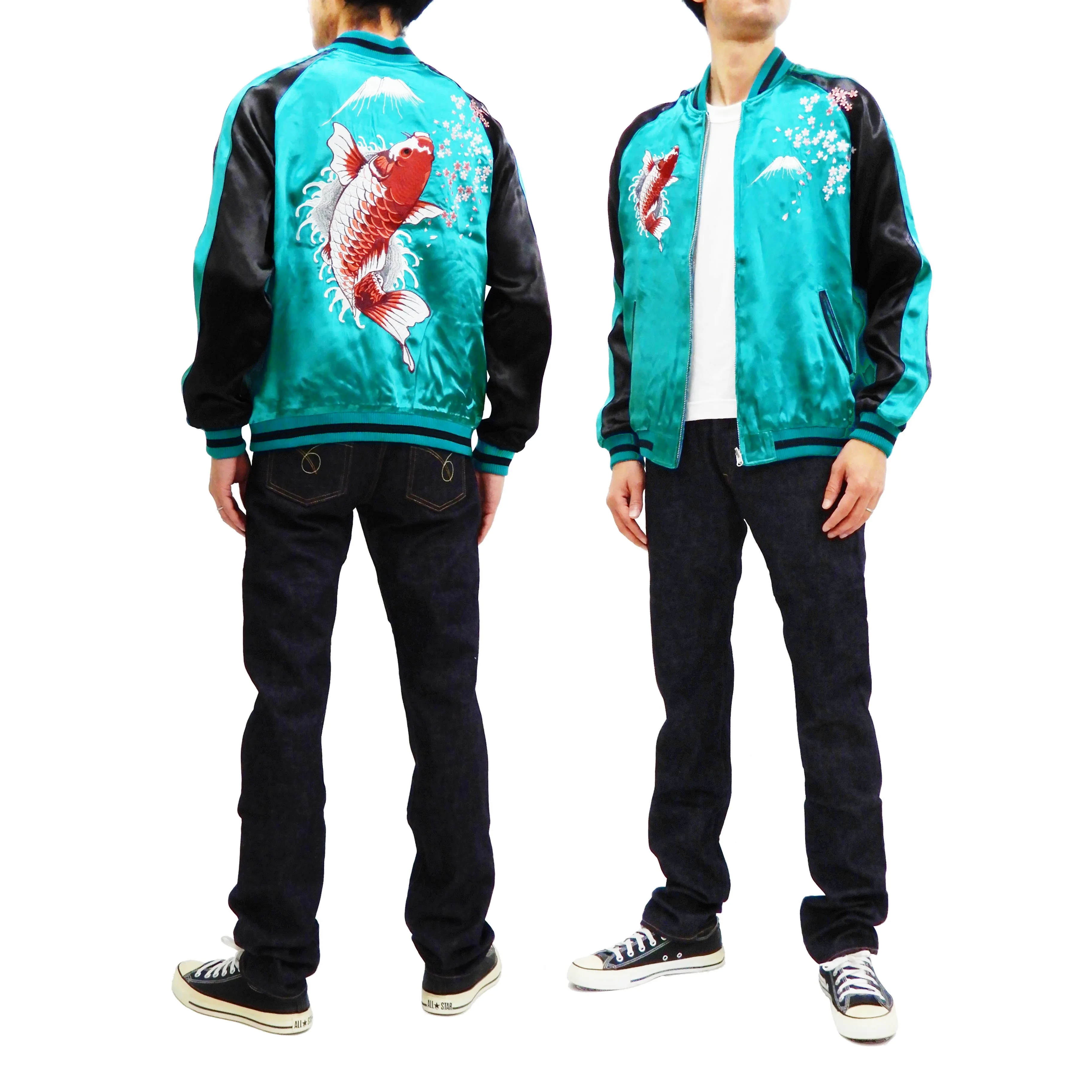 Japanesque Men's Japanese Souvenir Jacket koi fish Embroidered Sukajan 3RSJ-022 Blue-Green/Black