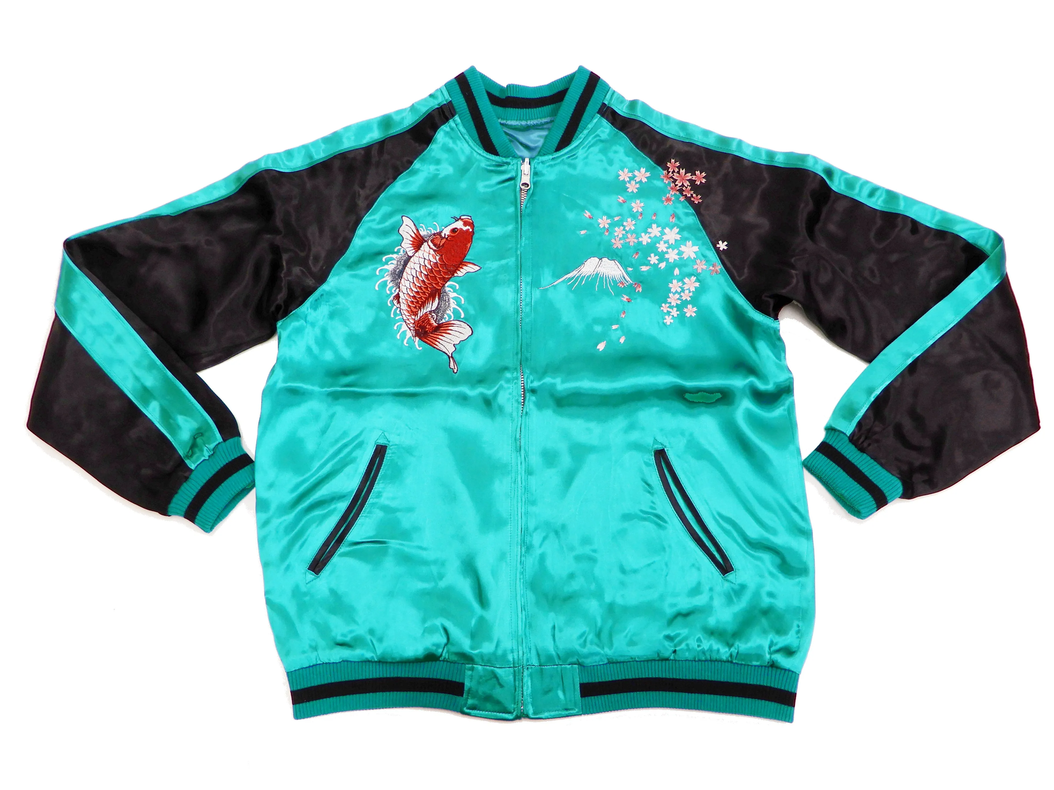 Japanesque Men's Japanese Souvenir Jacket koi fish Embroidered Sukajan 3RSJ-022 Blue-Green/Black