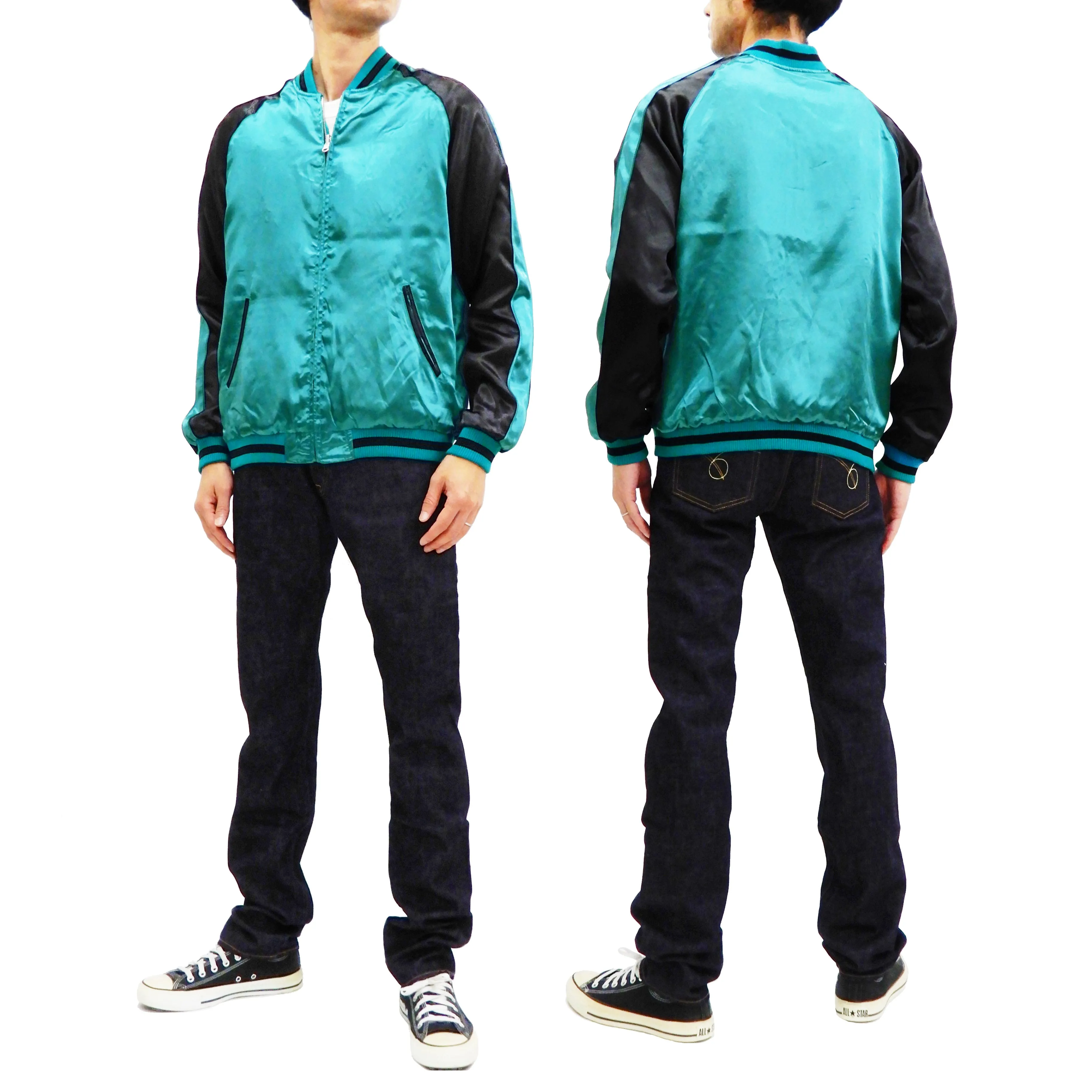 Japanesque Men's Japanese Souvenir Jacket koi fish Embroidered Sukajan 3RSJ-022 Blue-Green/Black