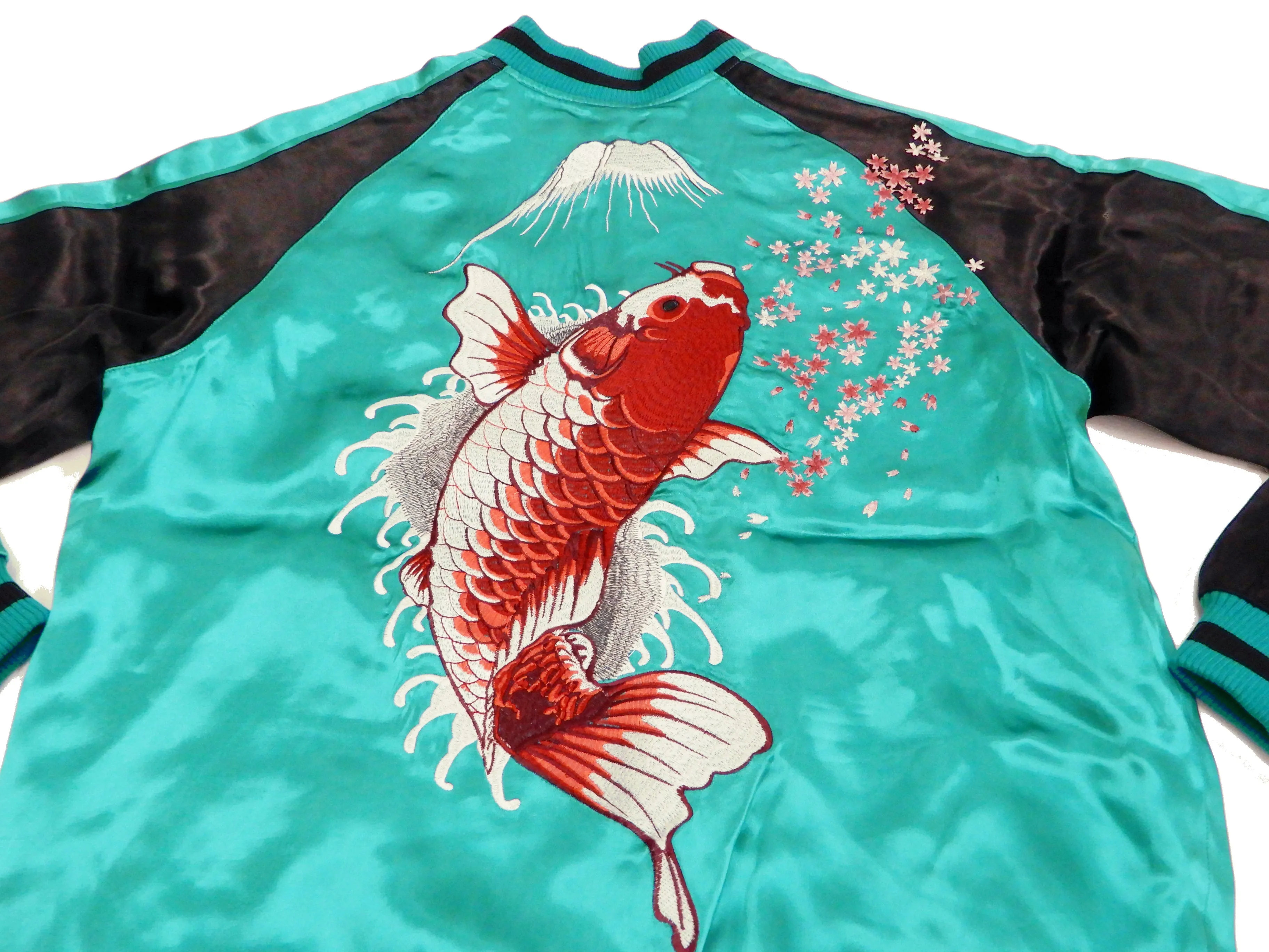 Japanesque Men's Japanese Souvenir Jacket koi fish Embroidered Sukajan 3RSJ-022 Blue-Green/Black