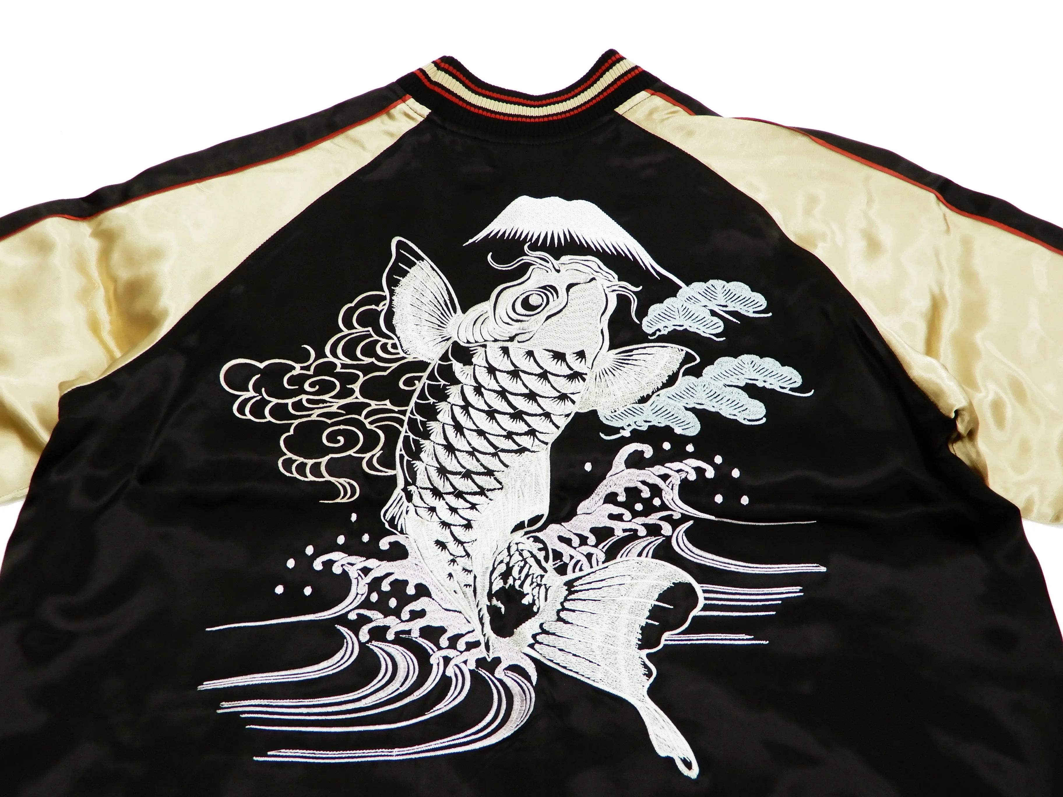 Japanesque Men's Japanese Souvenir Jacket Koi Fish Sukajan 3RSJ-047 Black/Beige