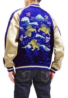 Japanesque Men's Japanese Souvenir Jacket Komainu Embroidered Sukajan 3RSJ-046 Navy-Blue/Beige