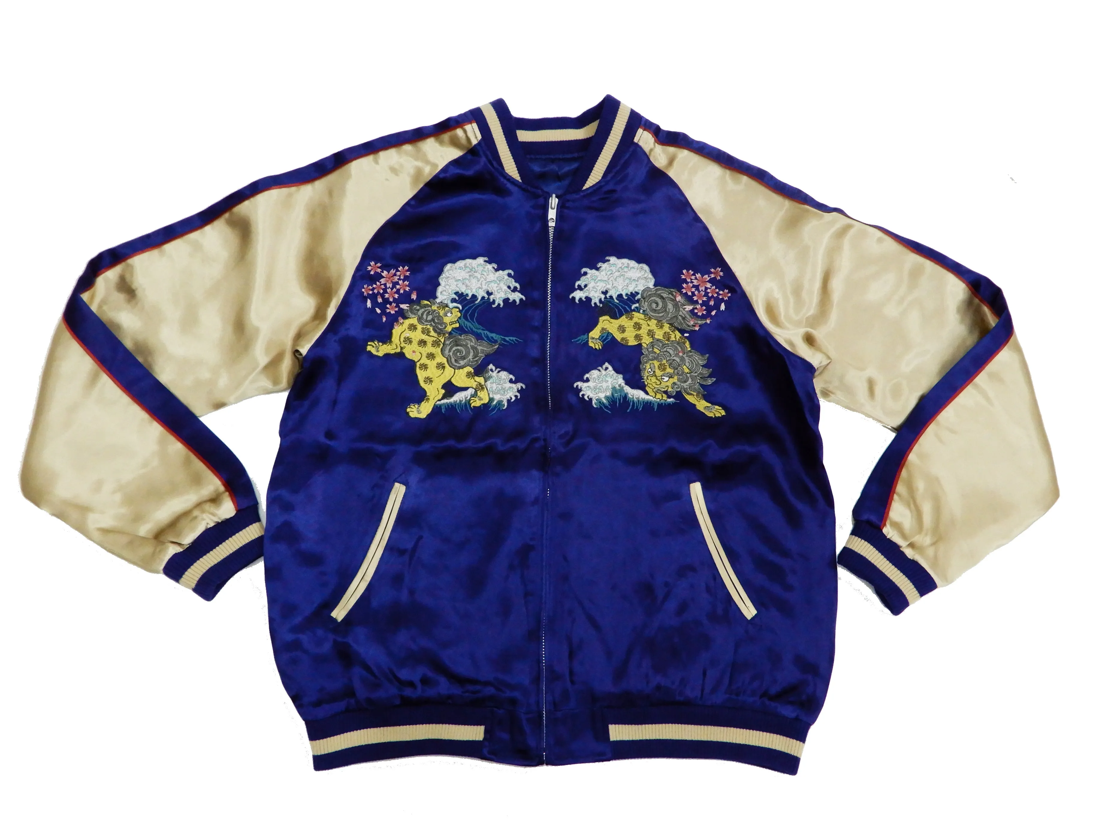 Japanesque Men's Japanese Souvenir Jacket Komainu Embroidered Sukajan 3RSJ-046 Navy-Blue/Beige