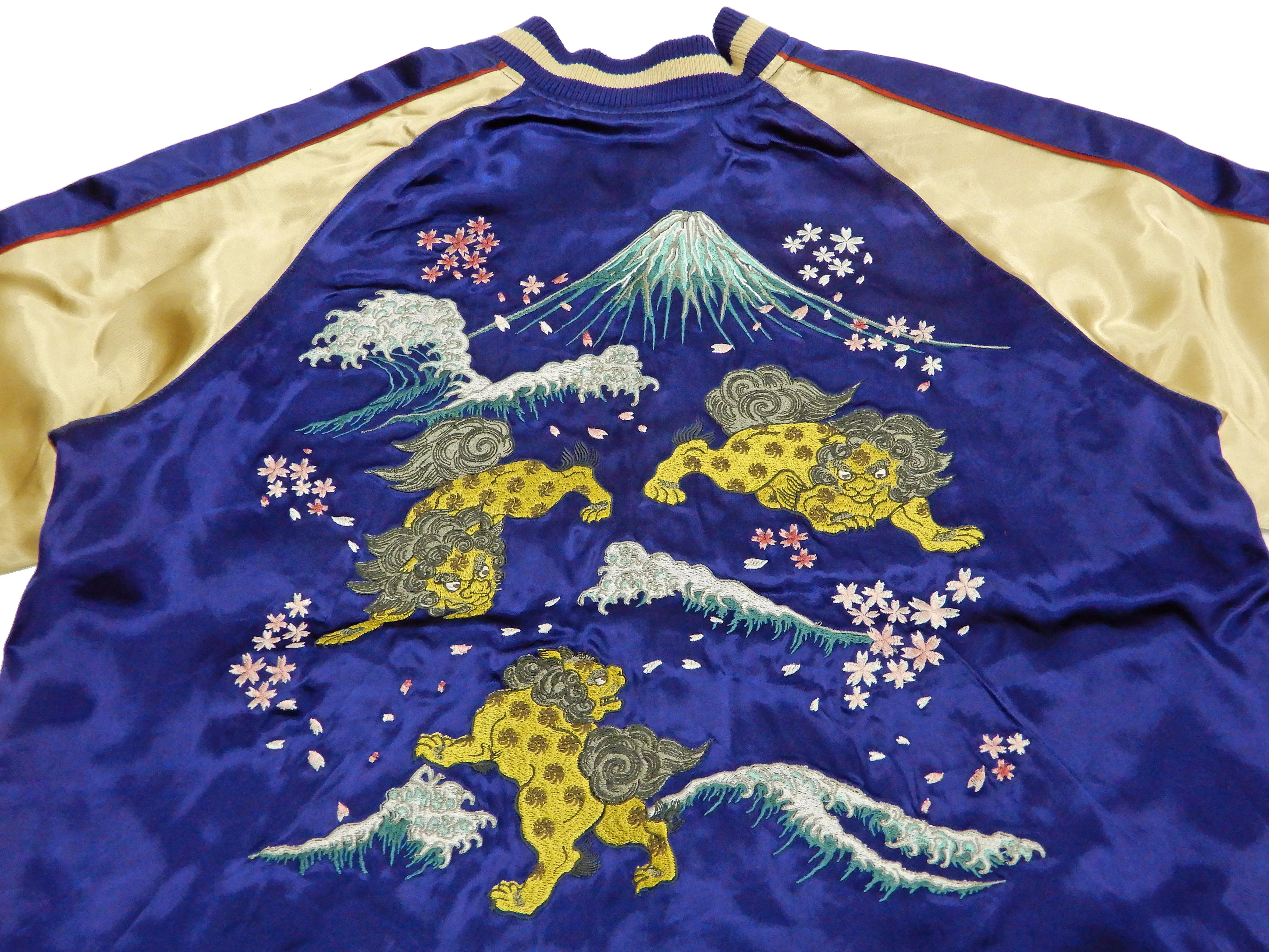 Japanesque Men's Japanese Souvenir Jacket Komainu Embroidered Sukajan 3RSJ-046 Navy-Blue/Beige