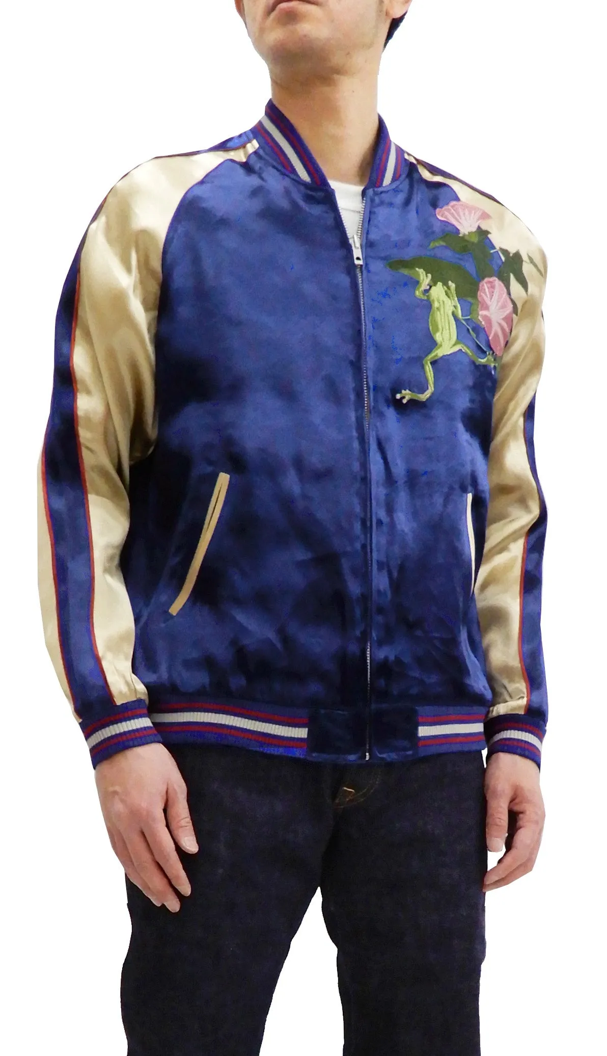 Japanesque Men's Japanese Souvenir Jacket Tree Frog Sukajan 3RSJ-043 Navy-Blue/Beige